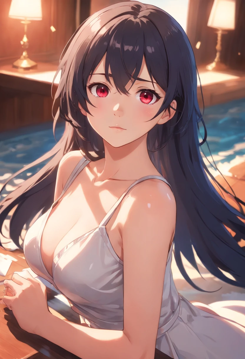 Detailed caricature, Young white girl with black straight hair and crimson eyes, White porcelain leather,The kinky is exposed, full bodyesbian, Room with white prom dress,Wet all over,exposing her chest,The clothes were torn, high high quality, high resolution, 8K, hdd, (Well-designed body), amazing body, (Super detailed), beautidful eyes, ultra - detailed, Super Elista