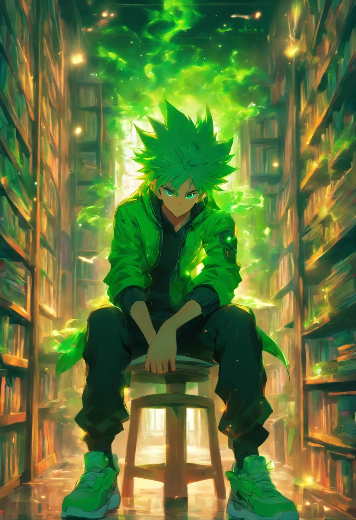 The man is sitting on a chair coolly, he has short green hair, he has bright green eyes, he is wearing a green jacket and shirt, he is wearing black trousers, he is wearing white sneakers, he was in a room, there were lots of bookshelves, led lights, sunlight radiating, very realistic, very detailed