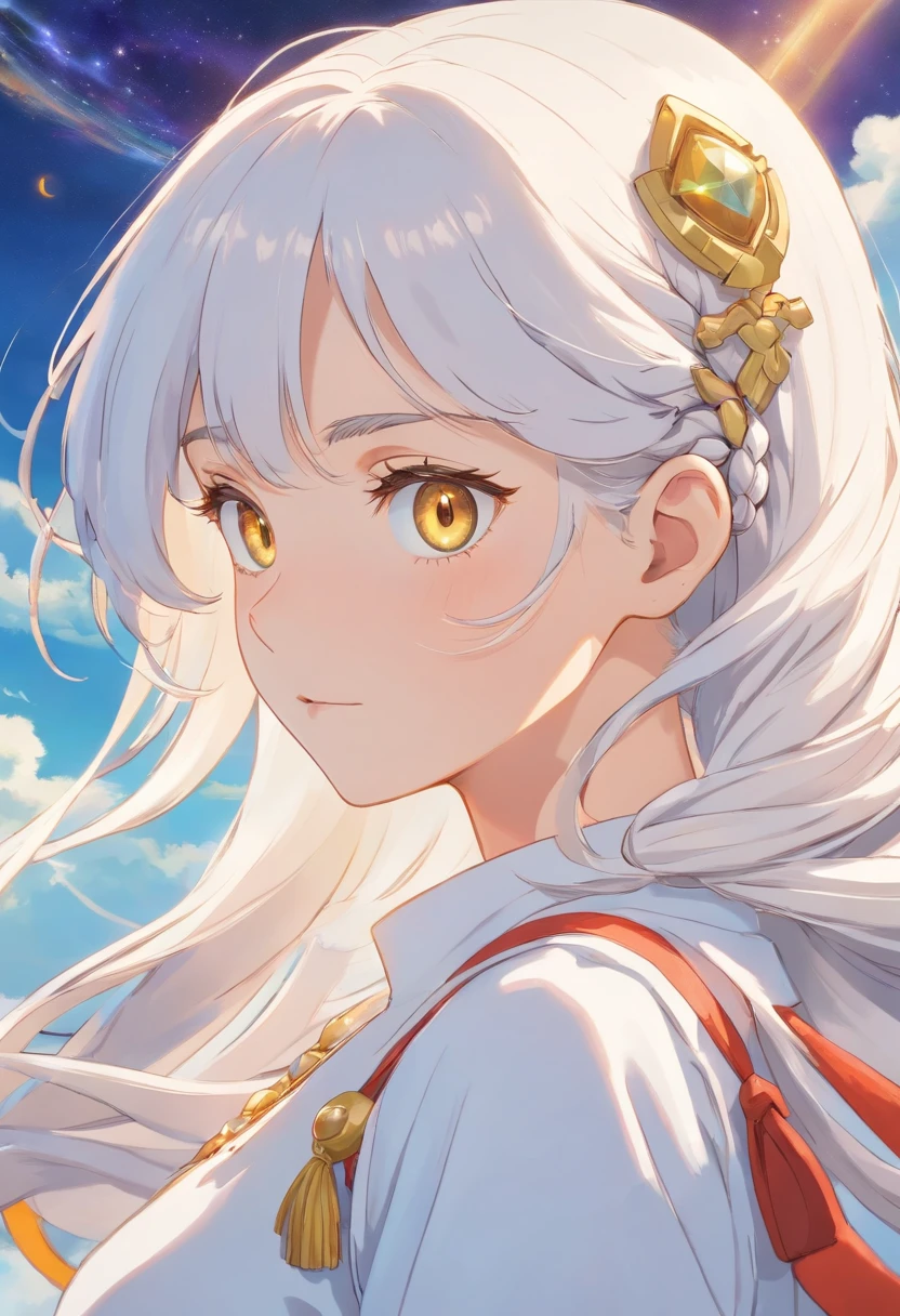 best quality, masterpiece,white hair, gold eyes,white clothes, looking up, upper body,hair strand,Fair skin,side braids