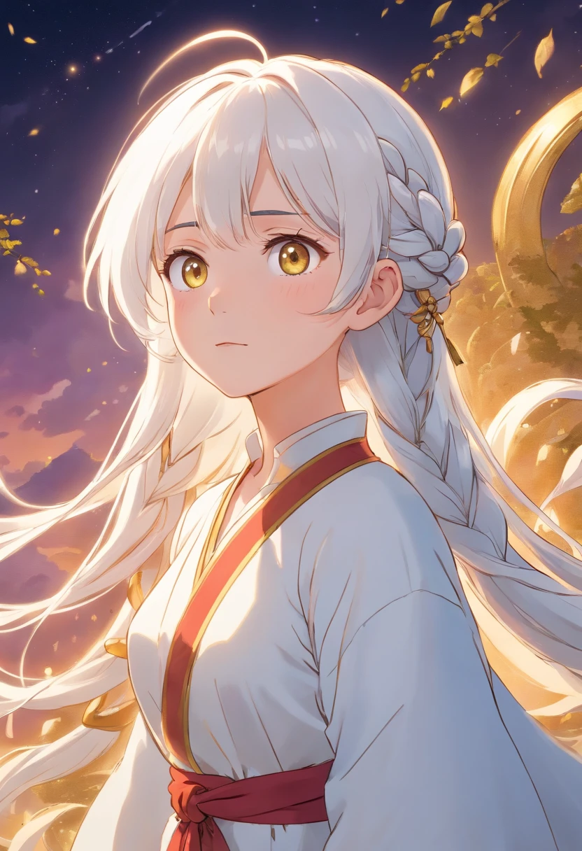 best quality, masterpiece,white hair, gold eyes,white clothes, looking up, upper body,hair strand,Fair skin,side braids