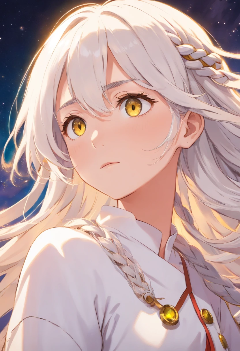best quality, masterpiece,white hair, gold eyes,white clothes, looking up, upper body,hair strand,Fair skin,side braids
