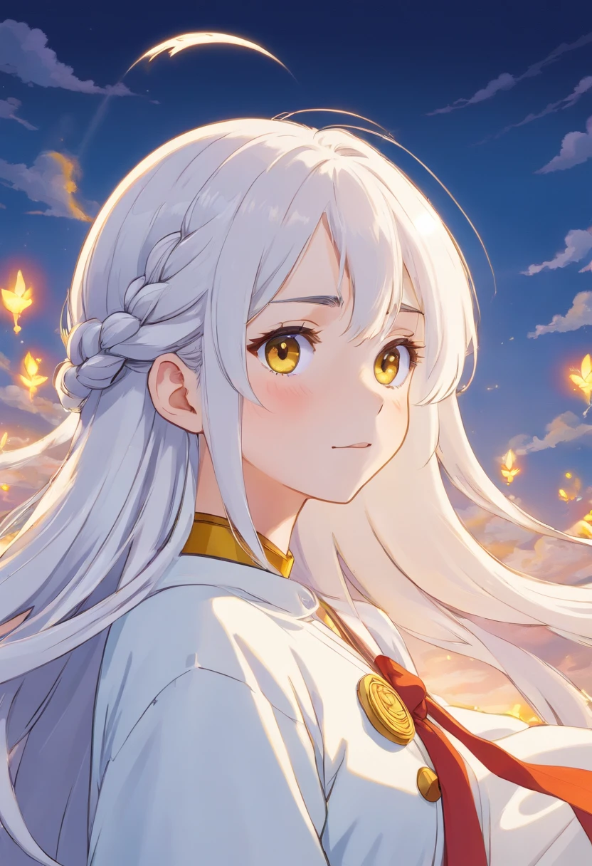 best quality, masterpiece,white hair, gold eyes,white clothes, looking up, upper body,hair strand,Fair skin,side braids