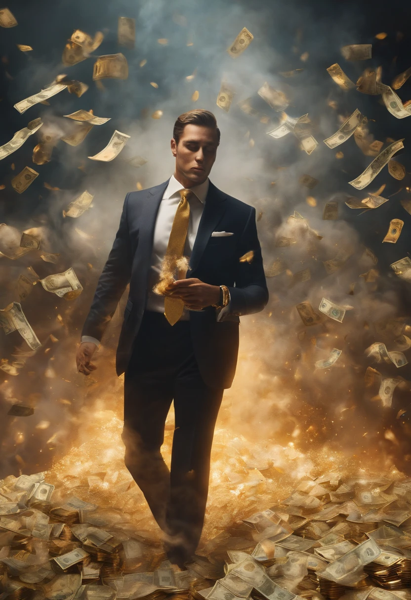 A detailed painting of a person in a suit, surrounded by a flurry of dollar bills and gold bar, gold coins, white smoke flying in front (((a lot of smokes)))
