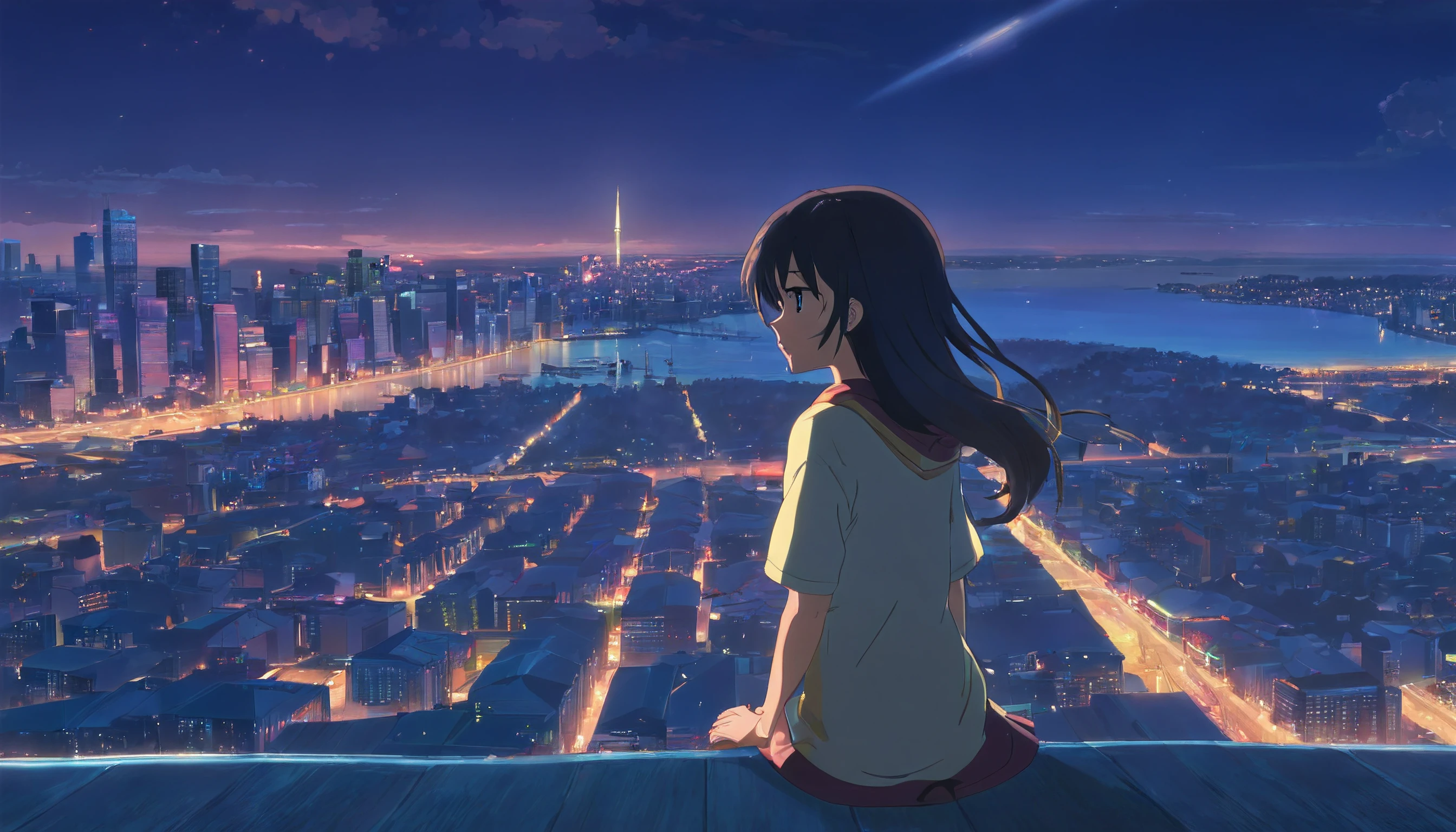 close-up，Girl sitting on the roof,Looking up at the starry sky at night。On the distant horizon,You can see the silhouettes of some buildings。She felt the comfort of the night breeze。The whole scene is calm and beautiful