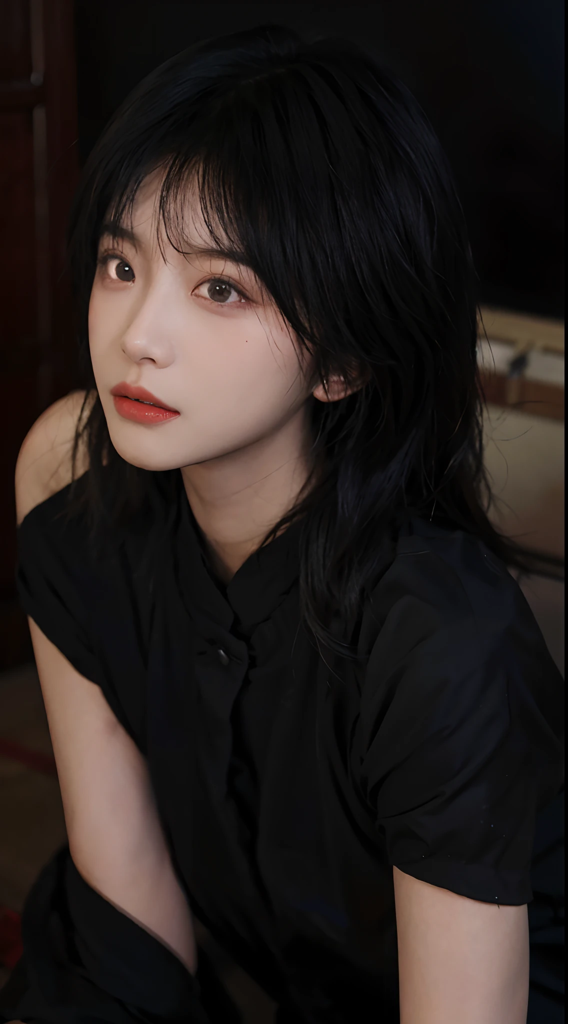 best qualtiy，tmasterpiece，超高分辨率，（realisticlying：1.4），a close up of a woman with long black hair wearing a black dress, Cai Xukun, gorgeous chinese models, Gorgeous young Korean woman, beautiful Korean women, yanjun cheng,  xintong chen, ruan jia beautiful!, Beautiful young Korean woman,