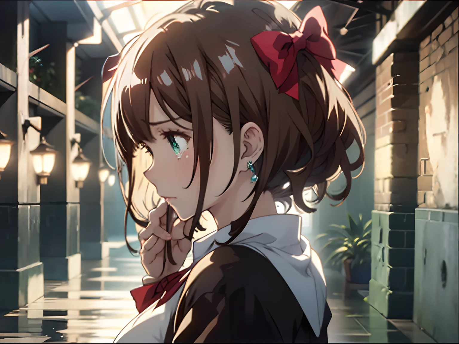 In the mansion，one-girl，Side Body，full bodyesbian，Princess shoes have bows on them，Hand on the wall，Brown hair, Hair Bow, aqua eyes, There are tears on the face，Earrings, anime big breast, Cinematic lighting,  8K, Best quality, A high resolution，Wide shot, From behind, Bokeh