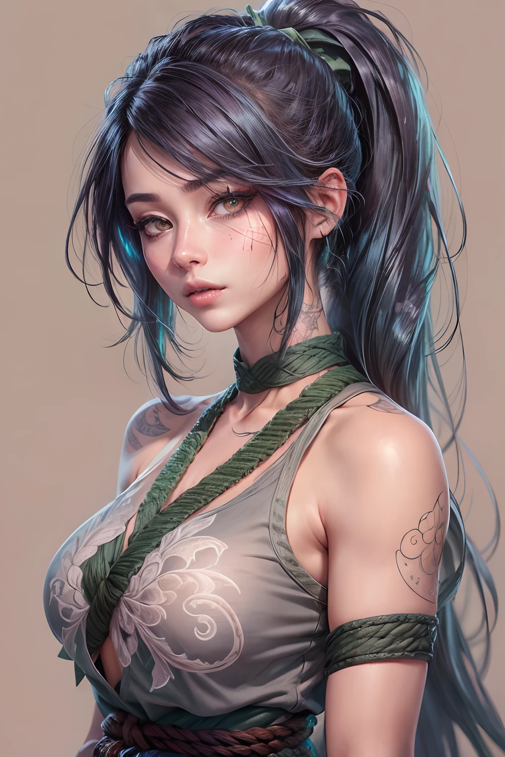 ultra realistic 8k cg, masterpiece, ((ultra detailed background, delicate pattern, intricate detail)), (highly detailed, fine details,), (beautiful detailed face and eyes and hair:1.1), 1girl, akali, looking at viewer, league of legends, abs, arm tattoo, bangs, blouse, breasts, fishnet green shirt, hair between eyes, hip vent, long bangs, long hair, mask, midriff, ninja, ponytail, rope belt, belt pouch, shirt, solo, stomach tattoo, tattoo