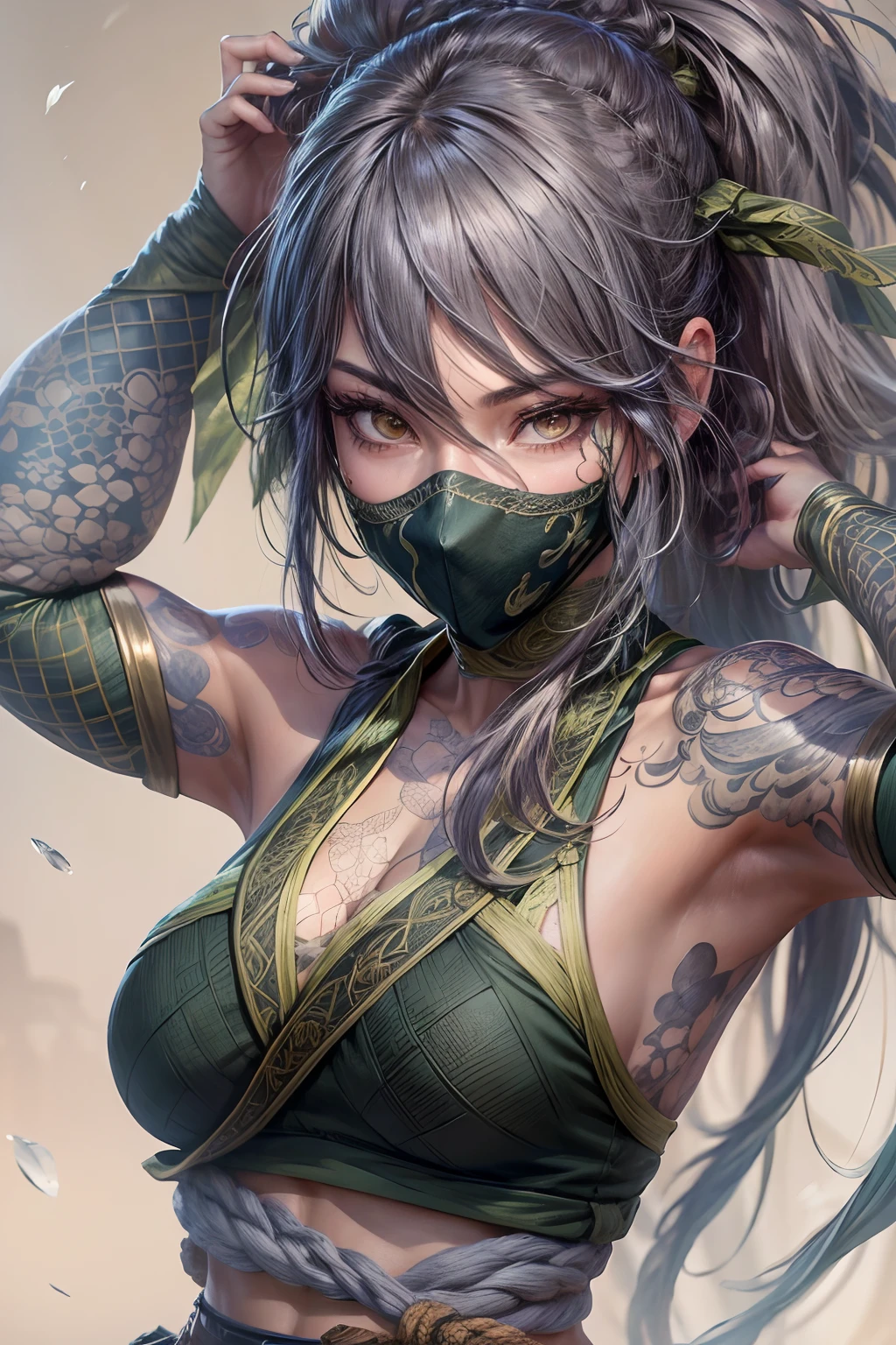 ultra realistic 8k cg, masterpiece, ((ultra detailed background, delicate pattern, intricate detail)), (highly detailed, fine details,), (beautiful detailed face and eyes and hair:1.1), 1girl, akali, looking at viewer, league of legends, abs, arm tattoo, bangs, blouse, breasts, fishnet green shirt, hair between eyes, hip vent, long bangs, long hair, mask, midriff, ninja, ponytail, rope belt, belt pouch, shirt, solo, stomach tattoo, tattoo