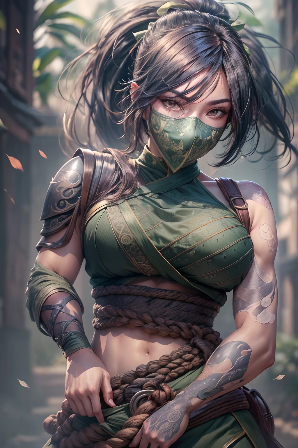 ultra realistic 8k cg, masterpiece, ((ultra detailed background, delicate pattern, intricate detail)), (highly detailed, fine details,), (beautiful detailed face and eyes and hair:1.1), 1girl, akali, looking at viewer, league of legends, abs, arm tattoo, bangs, blouse, breasts, fishnet green shirt, hair between eyes, hip vent, long bangs, long hair, mask, midriff, ninja, ponytail, rope belt, belt pouch, shirt, solo, stomach tattoo, tattoo