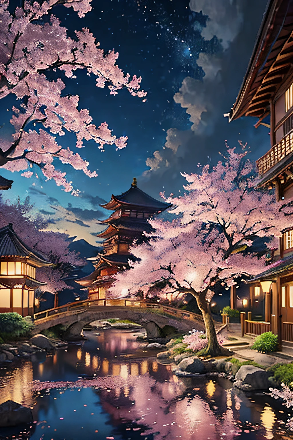 Painting of a japanese garden with a bridge and a pond - SeaArt AI