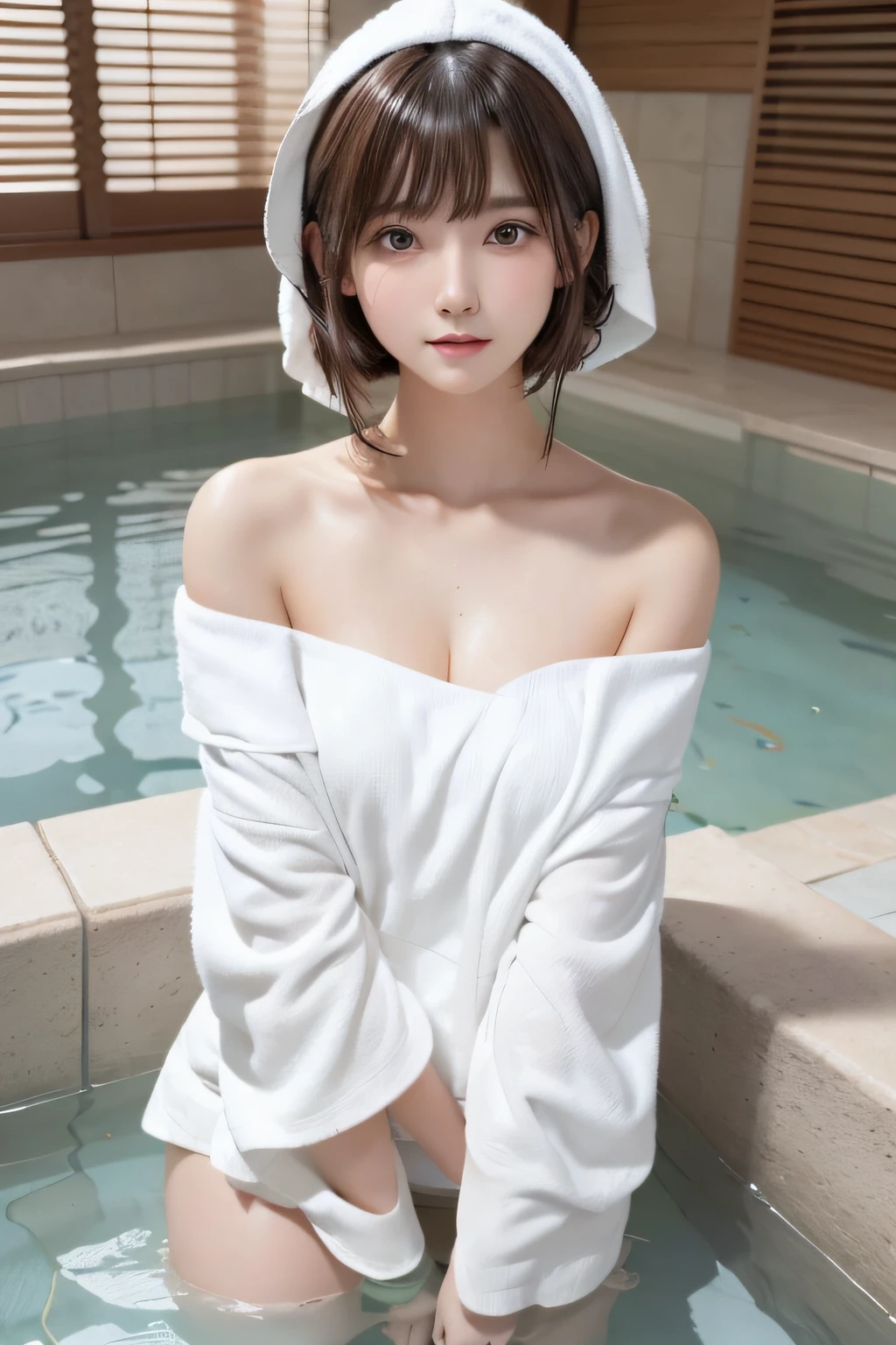 masutepiece, Best Quality, One girl, (Beautiful Girl:1.3), (18 years old:1.3), Very fine eye definition, (Symmetrical eyes:1.3), NSFW, (Bath towel, Off-shoulder:1.2), Beautiful breasts, Brown eyes, Parted bangs, Brown hair