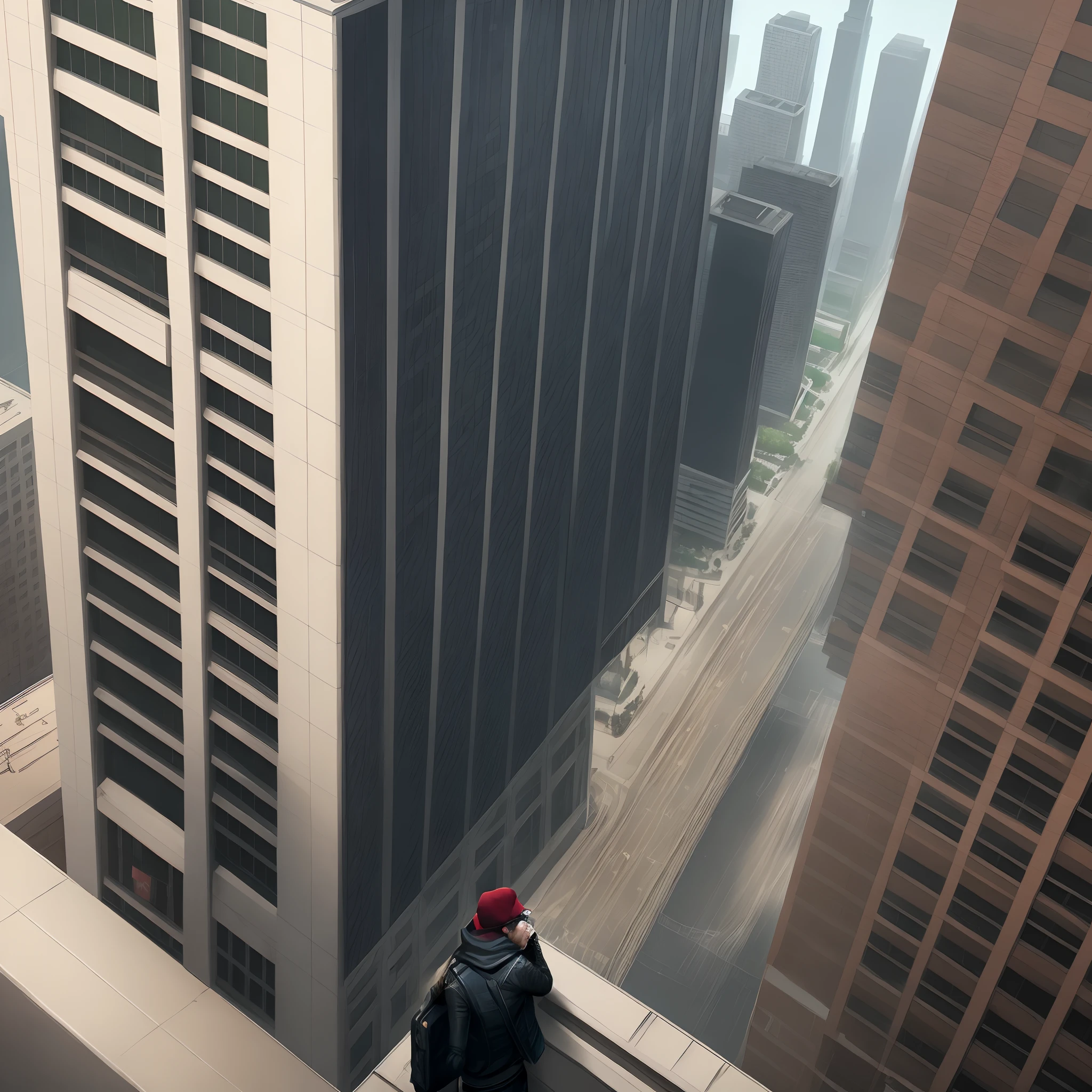 Aiden Pearce from watch dogs sipping lean  with sprite on top of building in Chicago