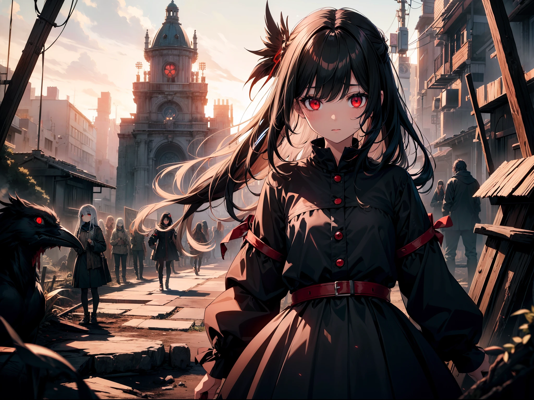 1 loli girl, cinematic angle, many crows ,cowboy shot, bloody body, blood sea, blood rain ,(((Expressionless))) , ((rape eyes)) ,black hair, long hair, ribbon , black dress, red eyes, (glowing eyes:1.1) , Weird World , Strange world ,darkness, horror, fantasy, Cruel , high resolution,(incredibly absurdres), (hires.fix:1.3),anime visual,ultra detailed CG unity 8k wallpaper, ((masterpiece)), ((top-quality)), (beautiful illustration), ((an extremely delicate and beautiful))