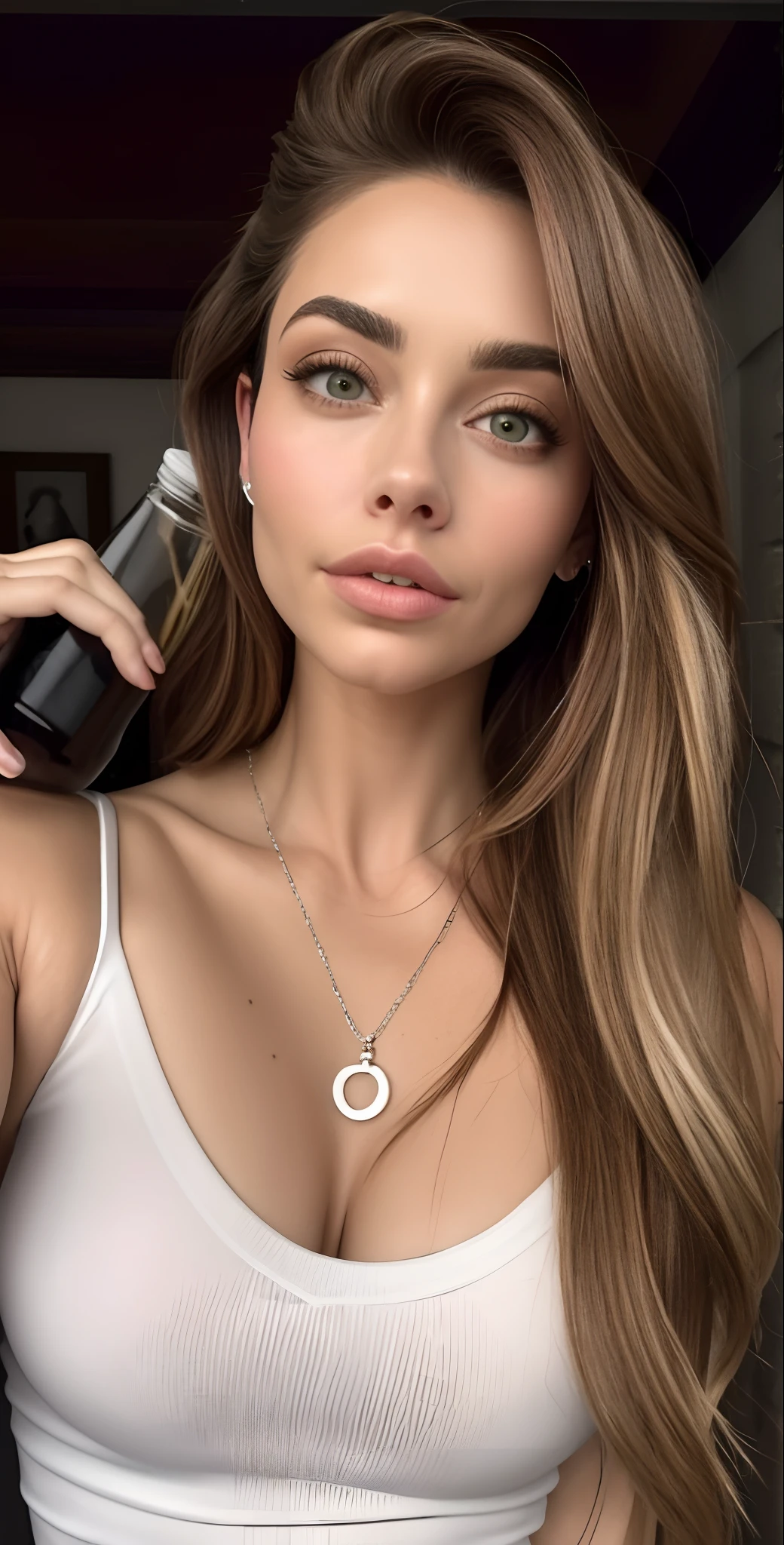 um close up de uma mulher com cabelos longos usando um top branco, Modelo do Instagram, Pokimane, lindo rosto latino, Cerveja Madison, Retrato Sophie Mudd, Cerveja Soft Devil Queen Madison, cabelos castanhos e olhos grandes, Atraente e bonito, sexy look at the camera, Cara Sexy, olhar sexy, ela tem um rosto bonito, rosto extremamente bonito, :: Cerveja Madison