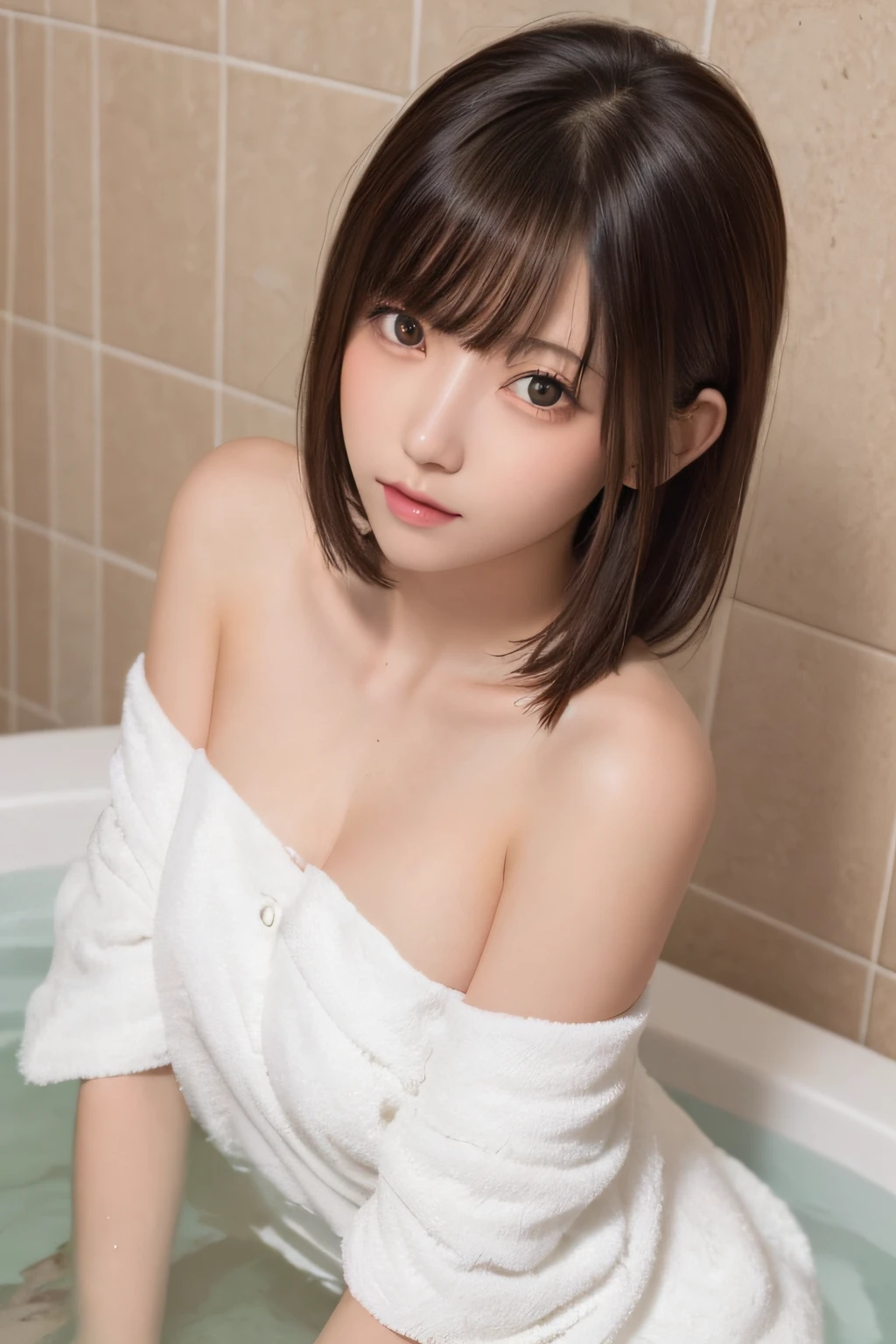 masutepiece, Best Quality, One girl, (Beautiful Girl:1.3), (18 years old:1.3), Very fine eye definition, (Symmetrical eyes:1.3), NSFW, (Bath towel, Off-shoulder:1.2), Beautiful breasts, Brown eyes, Parted bangs, Brown hair