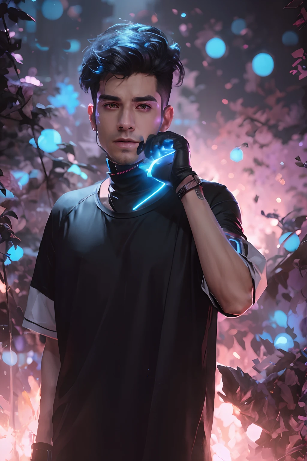 arafed man with a glowing glove and a black shirt, ross tran 8 k, ross tran style, inspired by Yanjun Cheng, in the style of ross tran, inspired by Ross Tran, artstation mans aesthetic, connected with glowing tubes 8 k, ross tran!!!, portrait of a cyberpunk man, artwork in the style of guweiz, cyberpunk art style