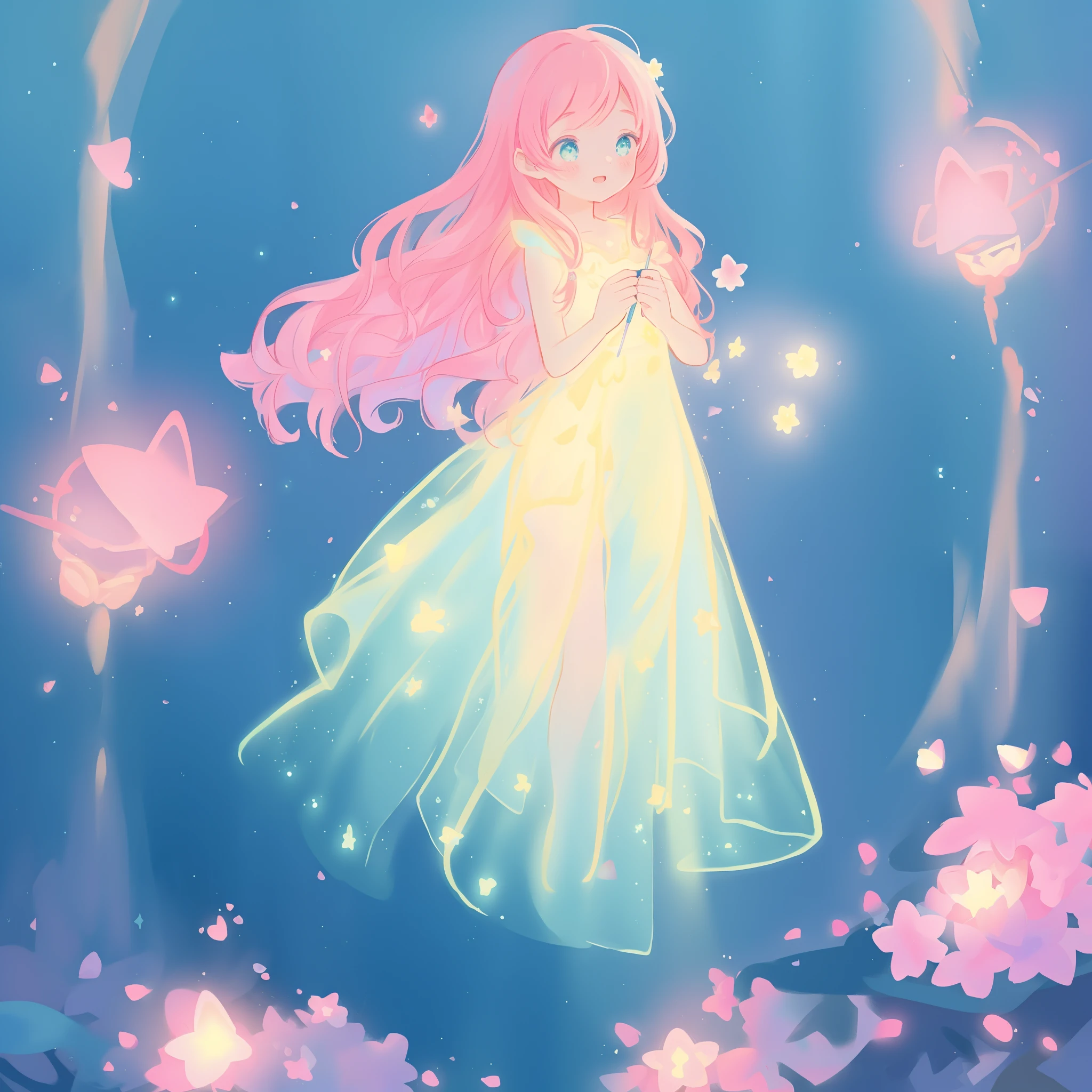 beautiful girl in flowing gradient layered ballgown, flowing pink hair, whimsical fantasia and flowers background, vibrant pastel colors, (colorful), magical lights, magical flowers, flowers, glowing lights, red pink long wavy hair, sparkling lines of light, inspired by Glen Keane, inspired by Lois van Baarle, disney art style, by Lois van Baarle, glowing aura around her, by Glen Keane, jen bartel, glowing lights! digital painting, flowing glowing hair, glowing flowing hair, beautiful digital illustration, fantasia background, whimsical, magical, fantasy, beautiful face, ((masterpiece, best quality)), intricate details, highly detailed, sharp focus, 8k resolution, sparkling detailed eyes, liquid watercolor