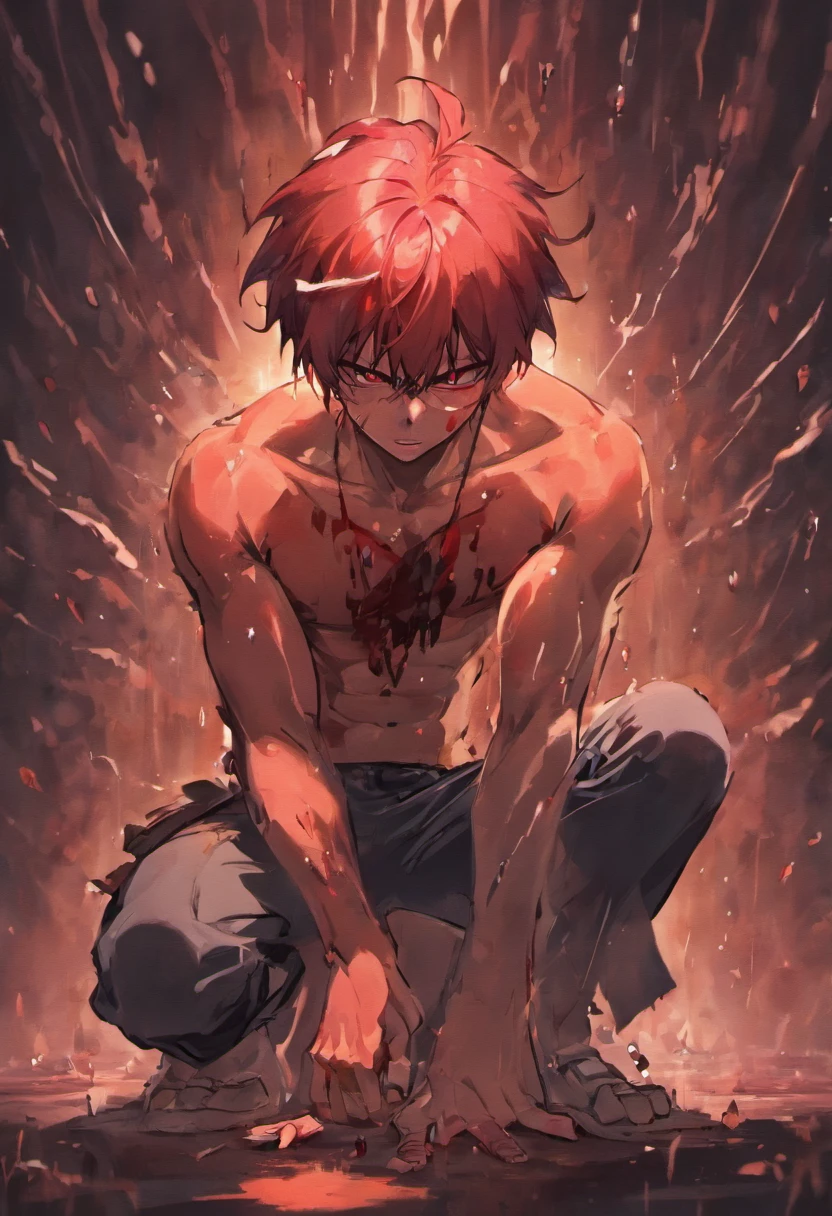 A man sitting on the knees his hand is on the knees tears on his eyes. He is very angry And full of blood his half face is cover with blood and other half is covered with black color. its raining and very cloudy and its start raining and thundering he is without shirt