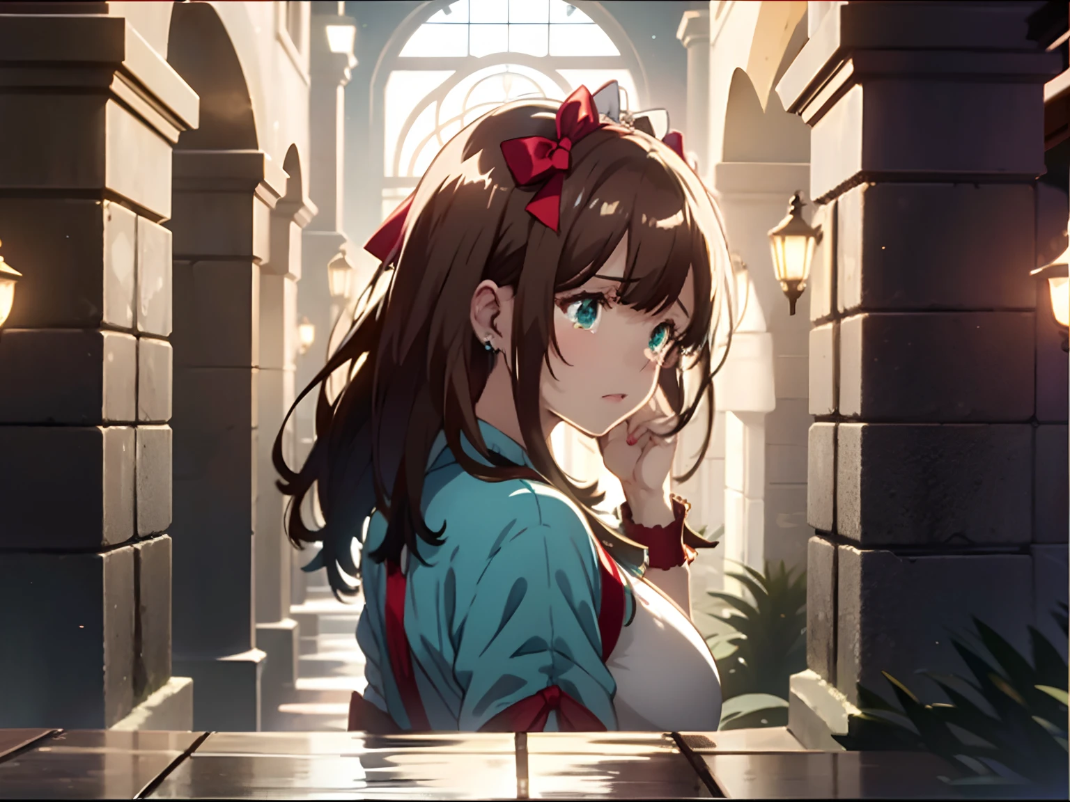 In the mansion，one-girl，Side Body，full bodyesbian，Princess shoes have bows on them，Hand on the wall，Brown hair, Hair Bow, aqua eyes, There are tears on the face，Earrings, anime big breast, Cinematic lighting,  8K, Best quality, A high resolution，Wide shot, From behind, Bokeh