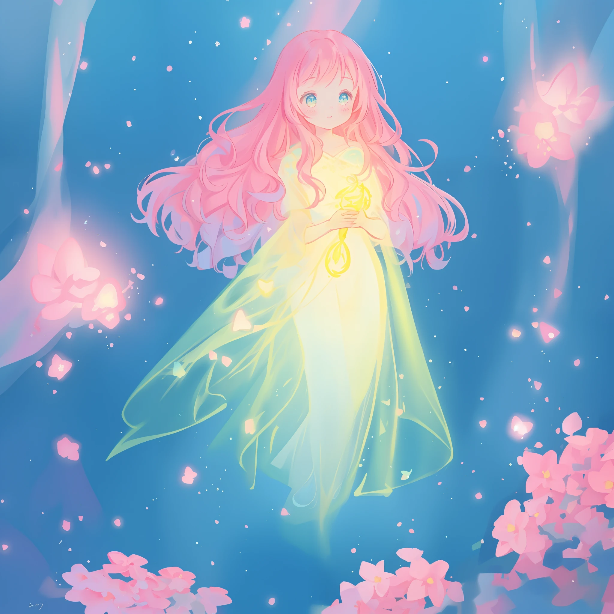 beautiful girl in flowing gradient layered ballgown, flowing pink hair, whimsical fantasia and flowers background, vibrant pastel colors, (colorful), magical lights, magical flowers, flowers, glowing lights, red pink long wavy hair, sparkling lines of light, inspired by Glen Keane, inspired by Lois van Baarle, disney art style, by Lois van Baarle, glowing aura around her, by Glen Keane, jen bartel, glowing lights! digital painting, flowing glowing hair, glowing flowing hair, beautiful digital illustration, fantasia background, whimsical, magical, fantasy, beautiful face, ((masterpiece, best quality)), intricate details, highly detailed, sharp focus, 8k resolution, sparkling detailed eyes, liquid watercolor