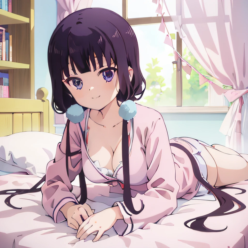 ((masutepiece)), ((Best Quality)), (Ultra-detailed), Anime style, on the bed, s, 1girl in, Solo, Pajamas 00, ((Beautiful eyes)), large full breasts, Smile