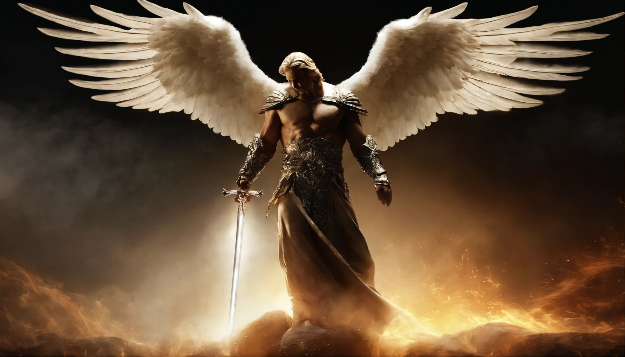 uma imagem do anjo Miguel Arcanjo, with a sword standing in hell, Anjo no inferno, arcanjo, angels vs demons, angel watching demon, angels and demons, anjo protegendo o homem, Arcanjo Miguel, O Anjo da Morte, Battle between angels and demons, anjo super largo, epic angel wings, angels protecting a praying man, necessidade humana anjo da morte. ((imagem epica)), ((alta qualidade)), olhos claros brilhantes, Biomechanicals, estranho, assustador, Pesadelo, cores muito brilhantes, light particles, com luz brilhante, Mshiff, Arte do papel de parede, Papel de parede UHD, Arcanjo olhos claros brilhantes, Biomechanicals, estranho, assustador, Pesadelo, cores muito brilhantes, light particles, com luz brilhante, Mshiff, Arte do papel de parede, Papel de parede UHD