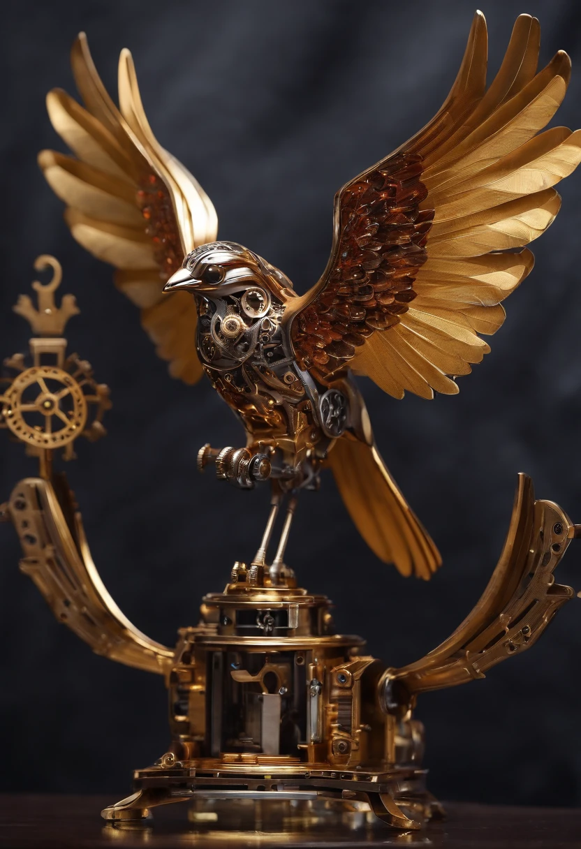 A mechanical bird,Metal wings,Mechanical gears,Diamond gloss