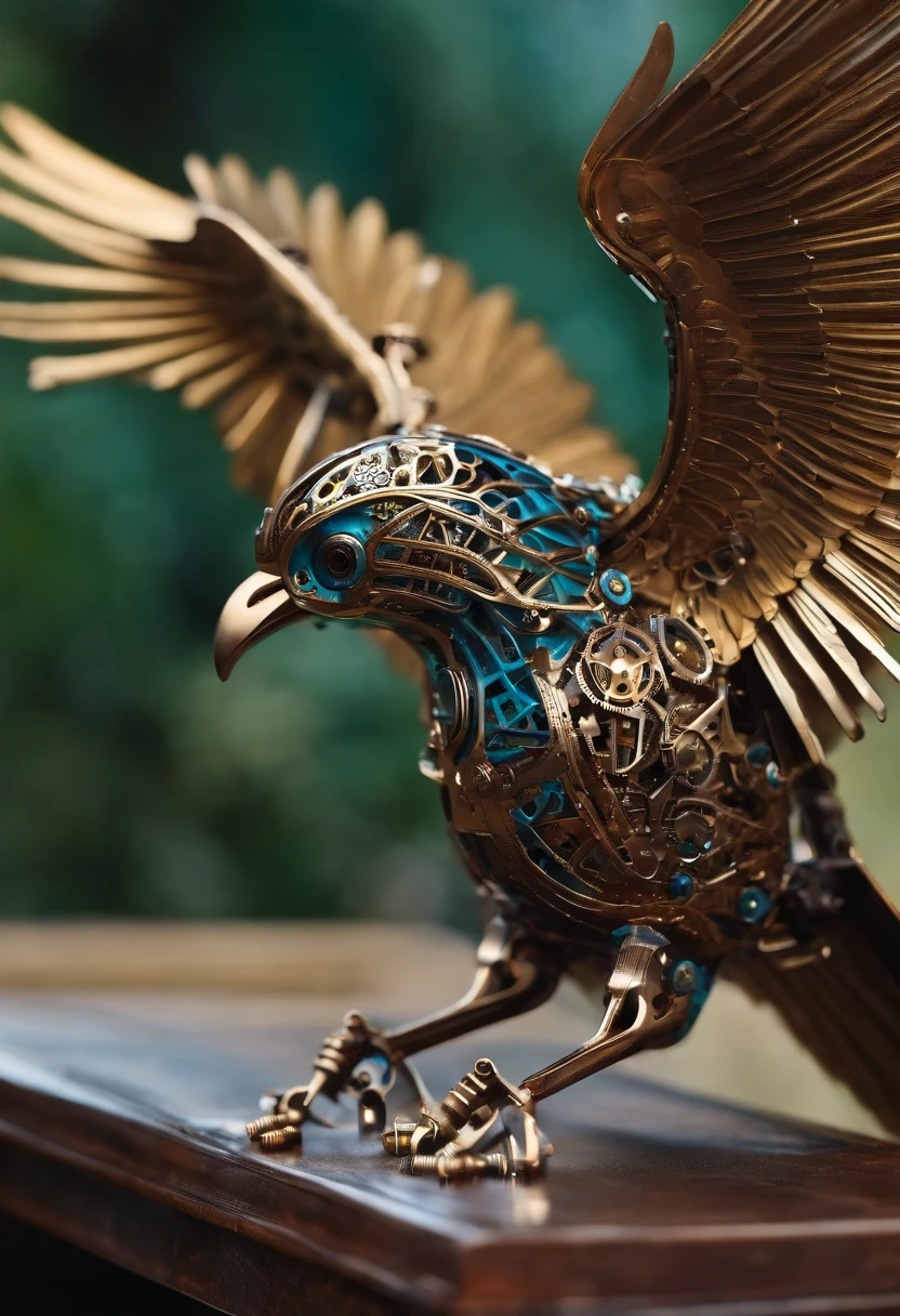 A mechanical bird,Metal wings,Mechanical gears,Diamond gloss