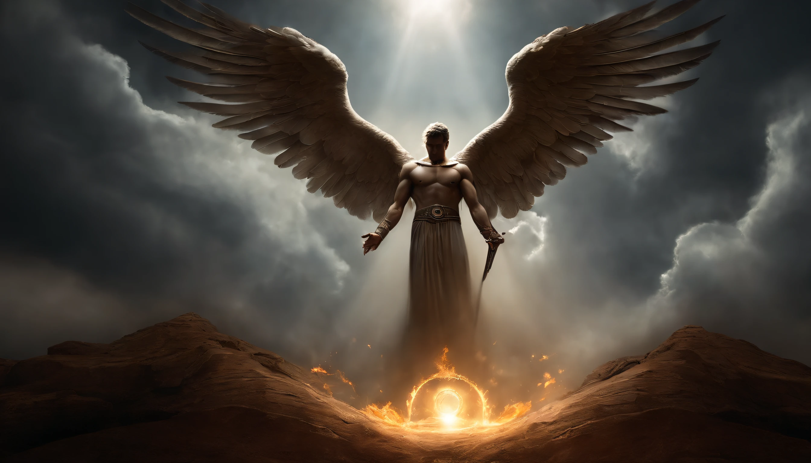 uma imagem do anjo Miguel Arcanjo, with a sword standing in hell, Anjo no inferno, arcanjo, angels vs demons, angel watching demon, angels and demons, anjo protegendo o homem, Arcanjo Miguel, O Anjo da Morte, Battle between angels and demons, anjo super largo, epic angel wings, angels protecting a praying man, necessidade humana anjo da morte. ((imagem epica)), ((alta qualidade)), olhos claros brilhantes, Biomechanicals, estranho, assustador, Pesadelo, cores muito brilhantes, light particles, com luz brilhante, Mshiff, Arte do papel de parede, Papel de parede UHD, Arcanjo olhos claros brilhantes, Biomechanicals, estranho, assustador, Pesadelo, cores muito brilhantes, light particles, com luz brilhante, Mshiff, Arte do papel de parede, Papel de parede UHD