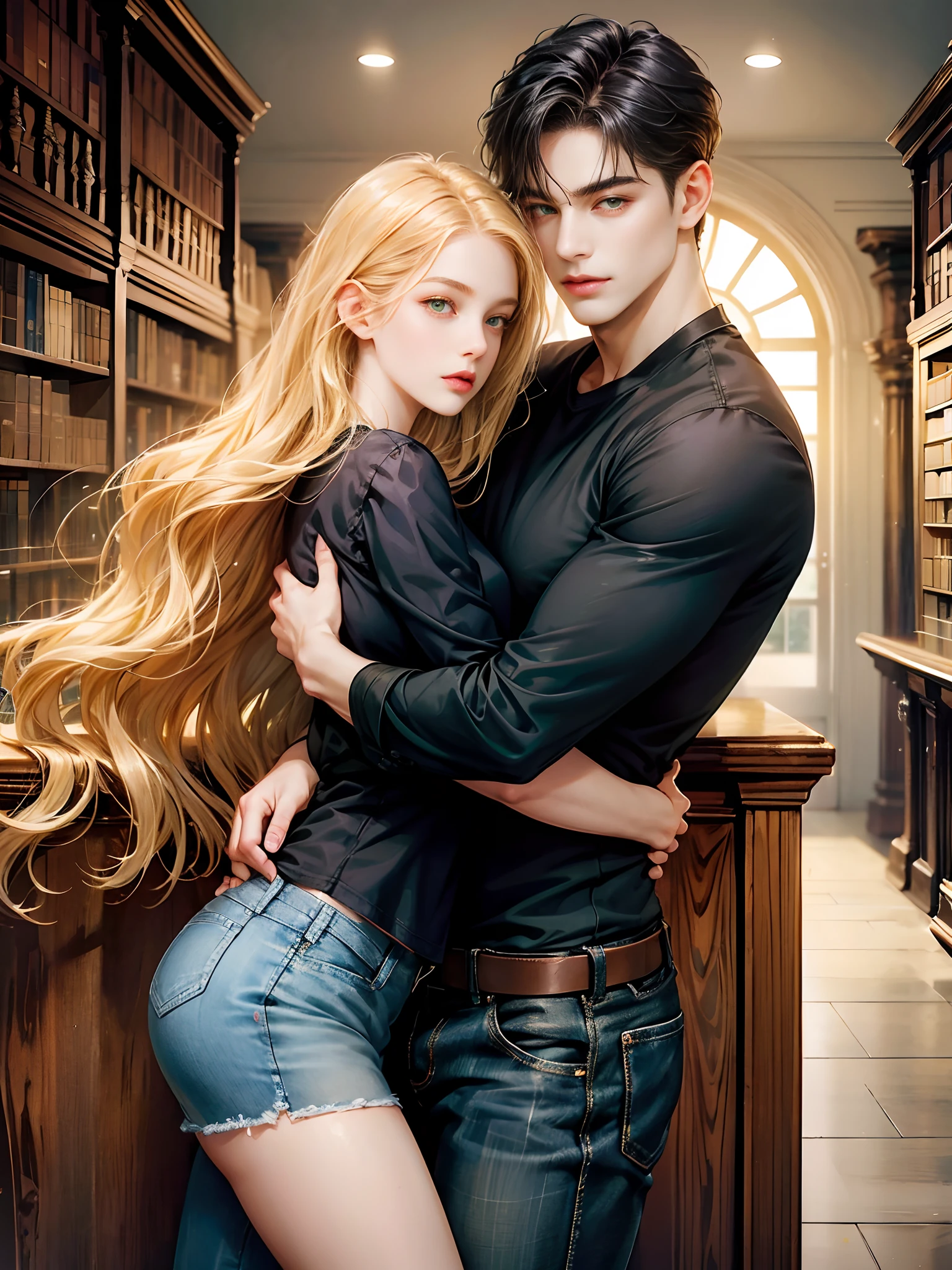 Couple, 1 girl 1 boy, different hair color, long blonde wavy hair no bangs and grey eyes, shirt, denim miniskirt, black hair and (green eyes) , Black shirt open and jeans, hug , height different, detailed eyes, looking the viewer, background a library, having sex, nsfw, fucked, penetrated, pregnant, Private parts is very visible,