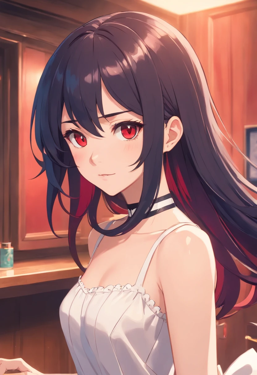 Detailed caricature, Young white girl with black straight hair and crimson eyes, White porcelain leather, full bodyesbian, Room with white prom dress, high high quality, high resolution, 8K, hdd, (Well-designed body), amazing body, (Super detailed), beautidful eyes, ultra - detailed, Super Elista