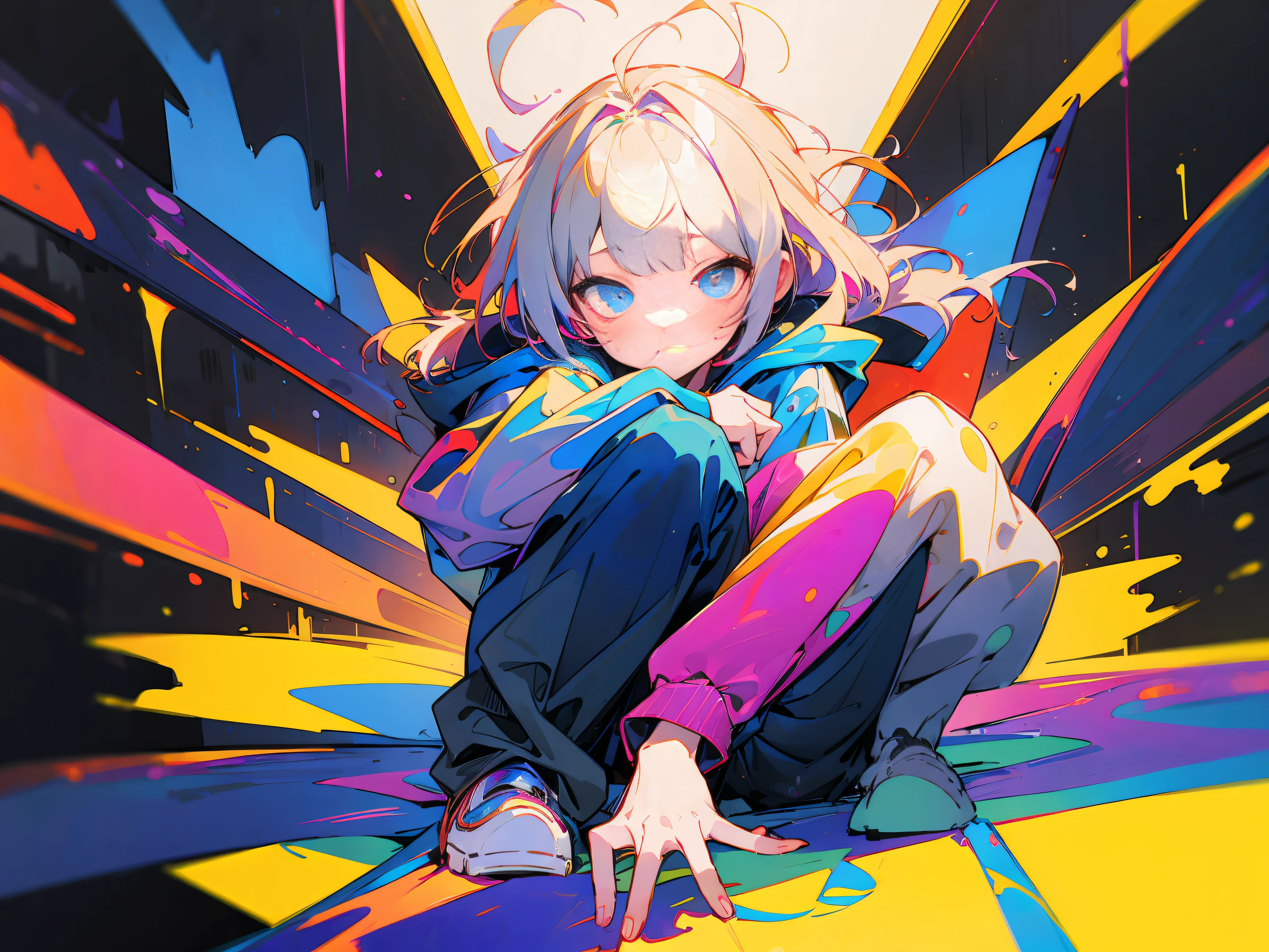 Street culture，scribble art，The walls are sprayed with colorful patterns，A girl crouches in front of the camera，Cool expression，Face the lens，Wearing a yellow sweatshirt，white color hair，The hood is placed over the head，blue denim pants，style of anime，Extreme color，extreme hight detail，master art，style of anime，in a panoramic view