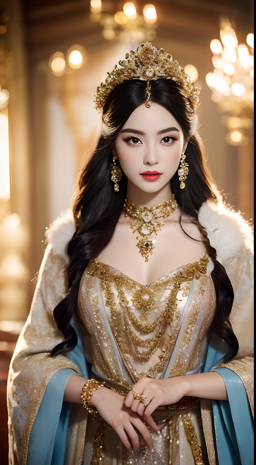 ((best qualtiy,8K,tmasterpiece:1.3,full body detailing,Photographic grade)), Costumes worn by ancient princesses in winter,Usually full of ornate and elegant details,Keep their image warm and noble。This is how ancient princesses looked in winter clothes、Description of makeup and costume details:
Clothing appearance:
The winter clothes of ancient princesses are designed to be exquisite and gorgeous,Usually made of silk、vellus hair、Made of expensive materials,Like damask 。They often wear robes or long skirts,Cover the whole body to keep warm。These garments often present ornate embroidery、Gold and silver thread decoration and delicate embroidery,to show their nobility。Princesses also liked to wear fur shawls or Romanesque cloaks,These reinforce their majesty and mature image。
Makeup:
The makeup of ancient princesses focuses on sophistication and luster,Usually based on fair skin。They often wear light makeup,Highlight the contours of the eyes and lips,And use cosmetics containing pearlescent or gold elements to enhance the radiance of the face。Red lipstick and pink blush are often used to add a touch of glamour and vibrancy to their makeup。
Clothing details:
The details of the princess's costume show luxury and sophistication。They often wear valuable jewelry,For example, choker necklace、Earrings and bracelets,These jewels are usually made of gemstones、Made of pearls or precious metals。Ornaments often reflect their status and family heritage。
Clothing details are also important。Princess costumes often have ornate embroidery、Lace、Metal accents or beaded accents。They often wear wide sleeves、Streamlined or loose coat,Tunic treatment is performed on the waist,Accentuate elegant curves。The skirt may have multiple layers of fluffy yarn or pleats,Increase volume and romance。
generally,Ancient princess winter dress look、The makeup and costume details are full of gorgeous and romantic elements,Show their nobility and noble status。