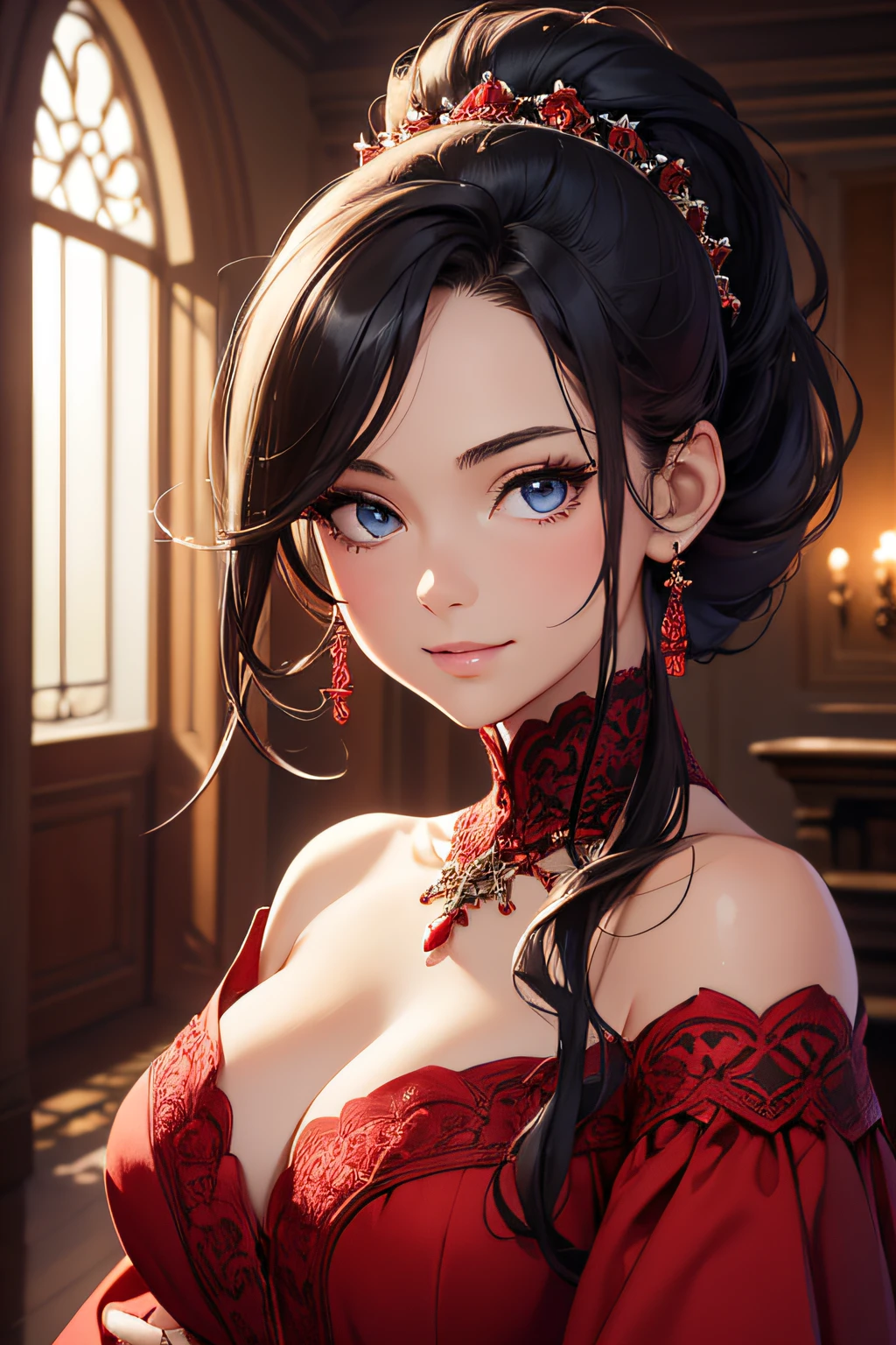 (best quality), (masterpiece), (high resolution), (intricate details:0.2),(professional lighting), room, detailed background, over sized red dress, off shoulder, (previous view), 1girl, solo, (beautiful face:1.40), slim body, fine skin, smile, short ponytail black hair, sky blue eyes, (Medium beasts:1.10), see at viewer,