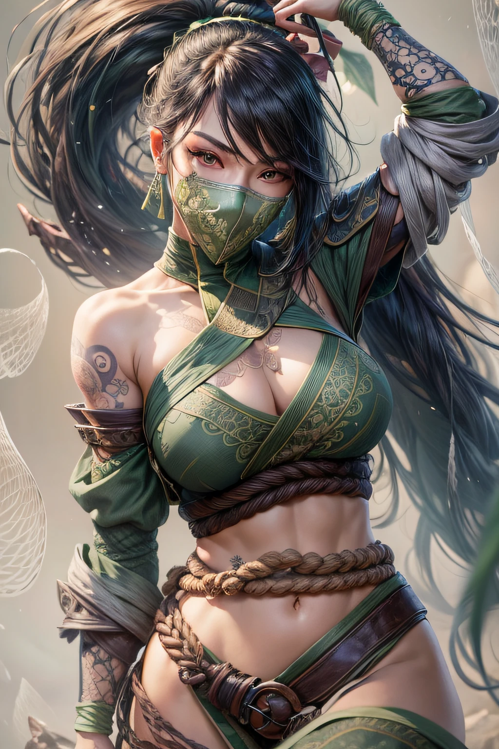 ultra realistic 8k cg, masterpiece, ((ultra detailed background, delicate pattern, intricate detail)), (highly detailed, fine details,), (beautiful detailed face and eyes and hair:1.1), 1girl, akali, looking at viewer, league of legends, abs, arm tattoo, bangs, blouse, breasts, fishnet green shirt, hair between eyes, hip vent, long bangs, long hair, mask, midriff, ninja, ponytail, rope belt, belt pouch, shirt, solo, stomach tattoo, tattoo