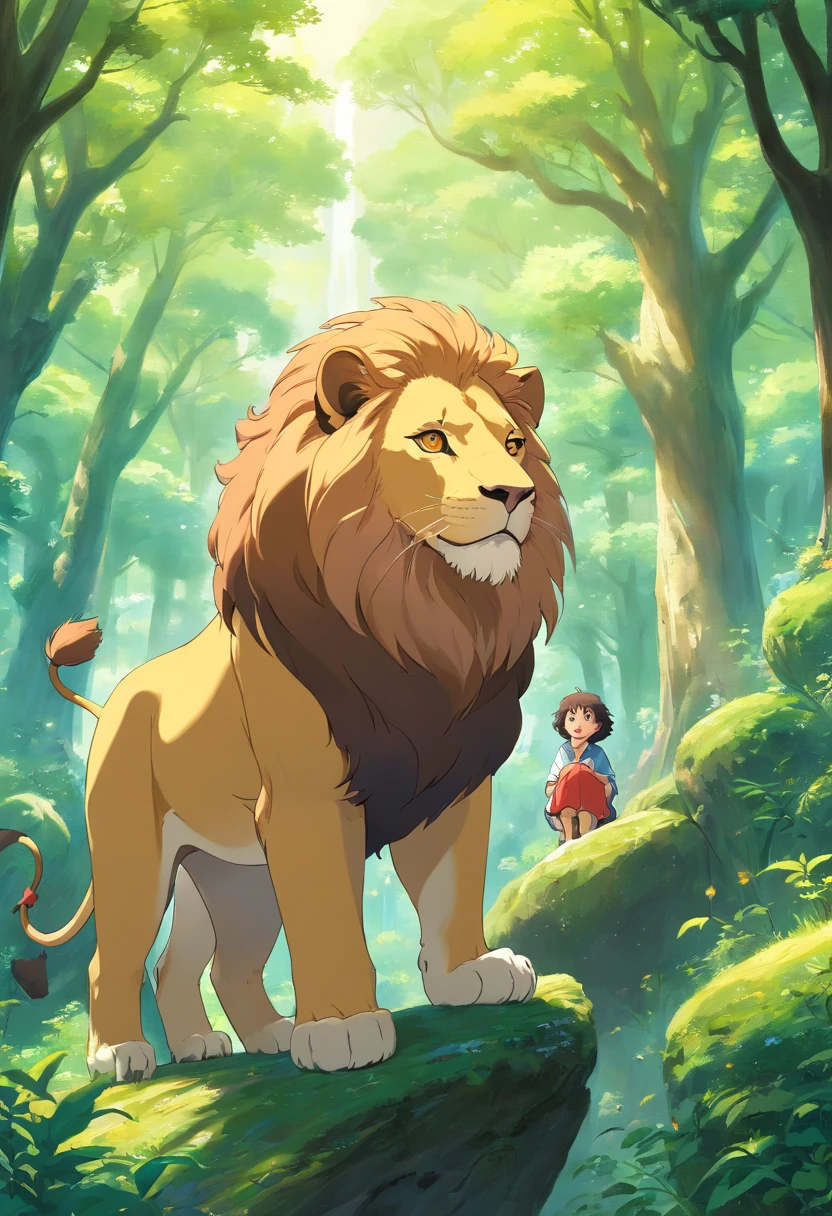 Desenhe leo, A wise lion, na floresta e uma a aguia, no ceu enquanto leo caminha pela floresta.
