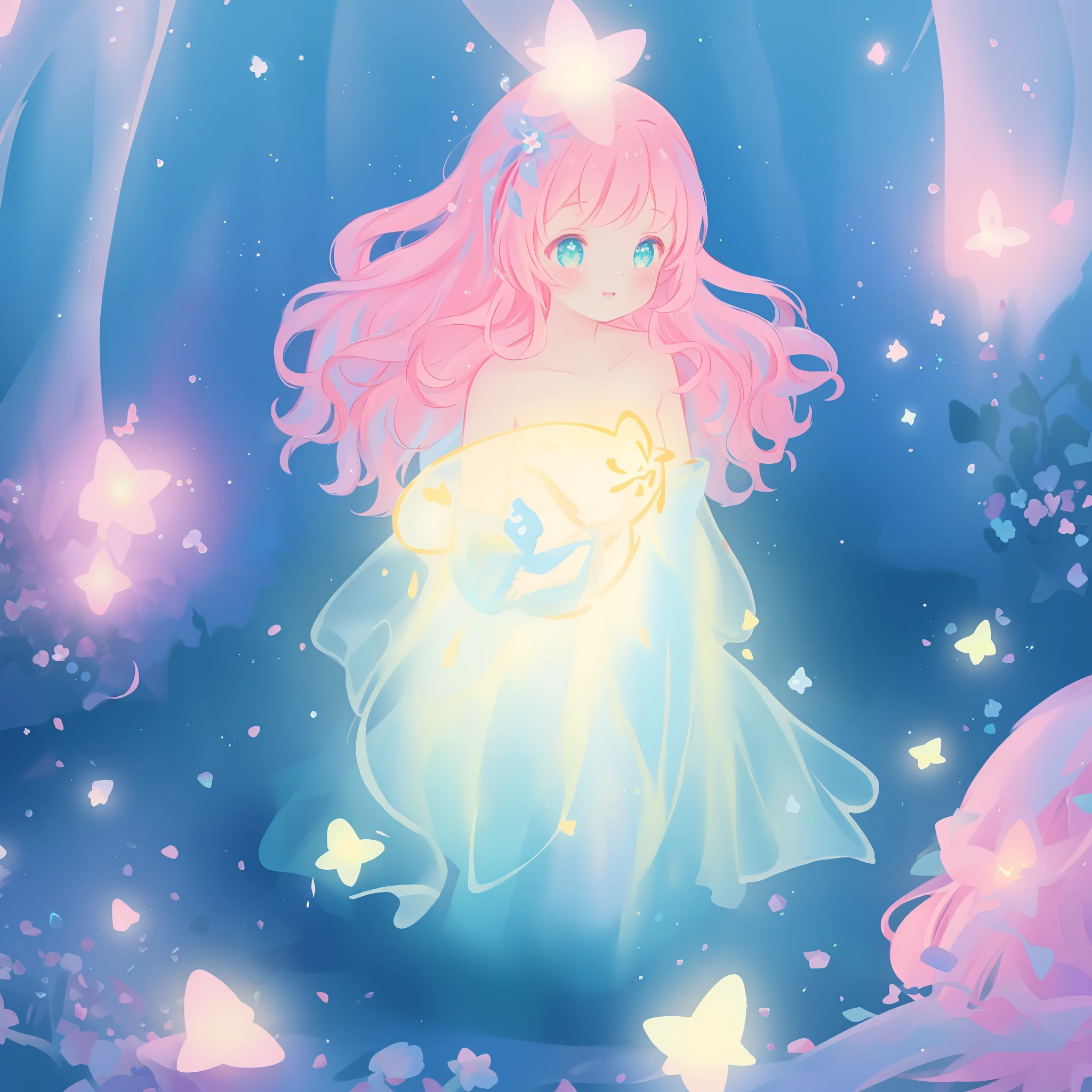 beautiful girl in flowing gradient tiered ballgown, shimmering translucent fabric, ethereal, flowing pink hair, whimsical fantasia and flowers background, vibrant pastel colors, (colorful), magical lights, magical flowers, flowers, glowing lights, red pink long wavy hair, sparkling lines of light, inspired by Glen Keane, inspired by Lois van Baarle, disney art style, by Lois van Baarle, glowing aura around her, by Glen Keane, jen bartel, glowing lights! digital painting, flowing glowing hair, glowing flowing hair, beautiful digital illustration, fantasia background, whimsical, magical, fantasy, beautiful face, ((masterpiece, best quality)), intricate details, highly detailed, sharp focus, 8k resolution, sparkling detailed eyes, liquid watercolor