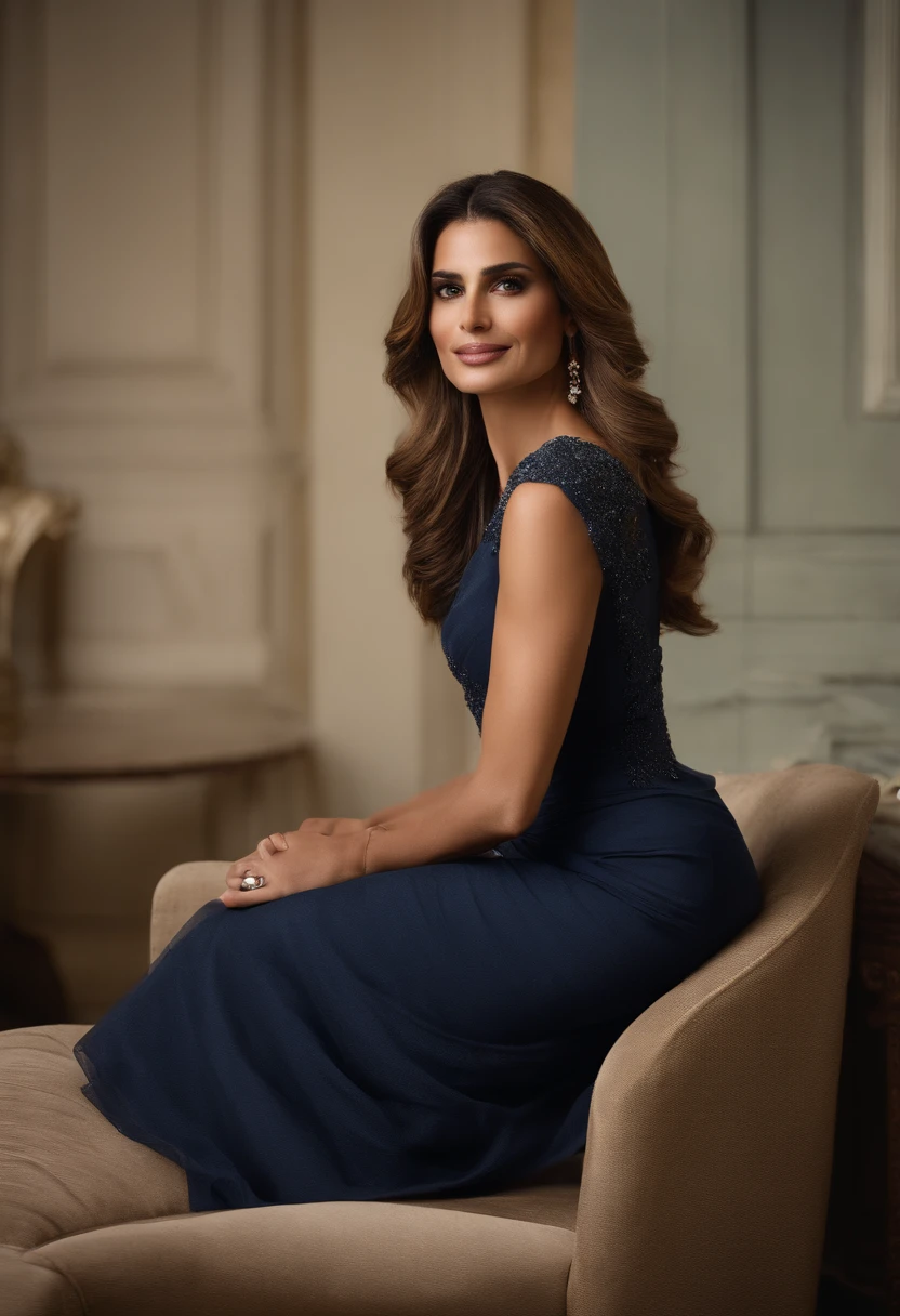 Por favor, create an image of Queen Rania of Jordan in a majestic portrait, usando tons suaves e elegantes. Be sure to highlight her gracious stance and influence as an advocate for humanitarian causes. Include symbolic elements that represent your commitment to education, Health and Gender Equality. The image should convey the dignity and strength she represents as queen."