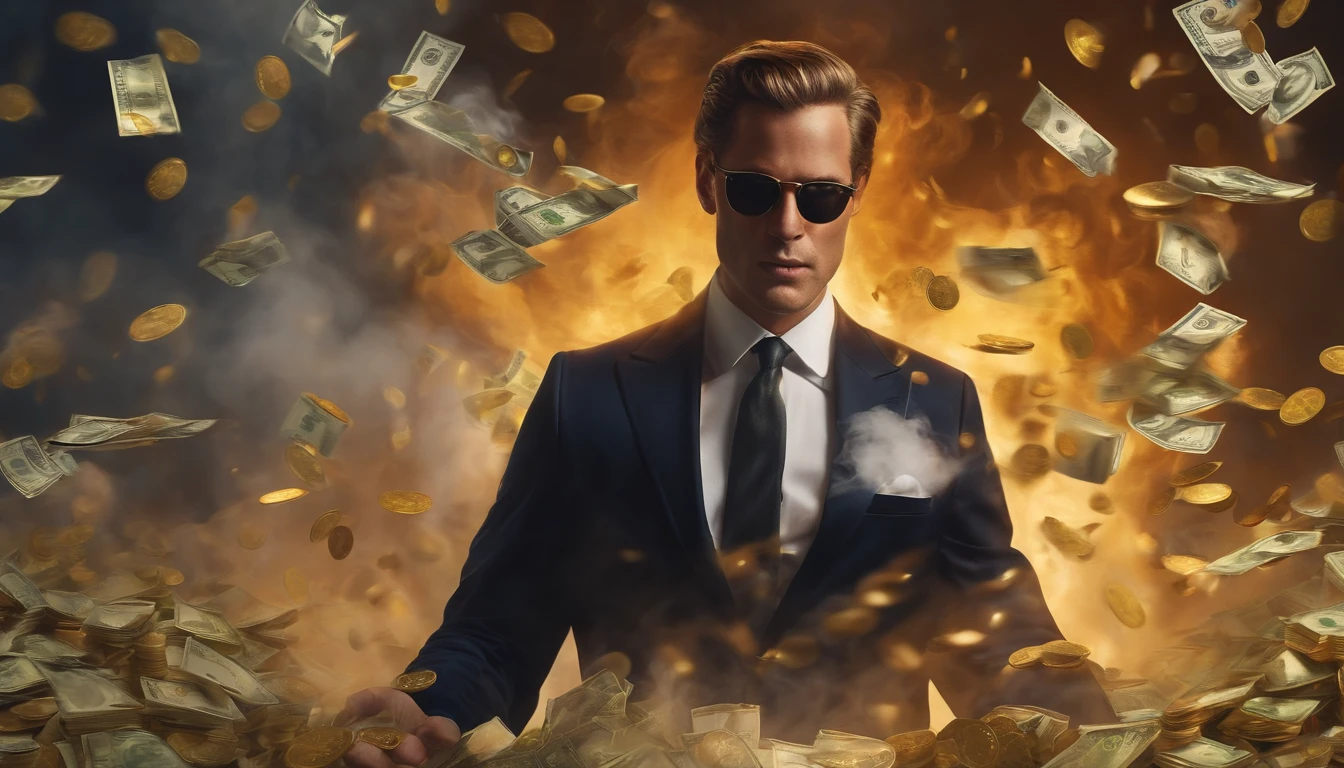 A detailed painting of a person in a suit, surrounded by a flurry of dollar bills and gold bar, gold coins, white smoke flying in front (((a lot of smokes)))