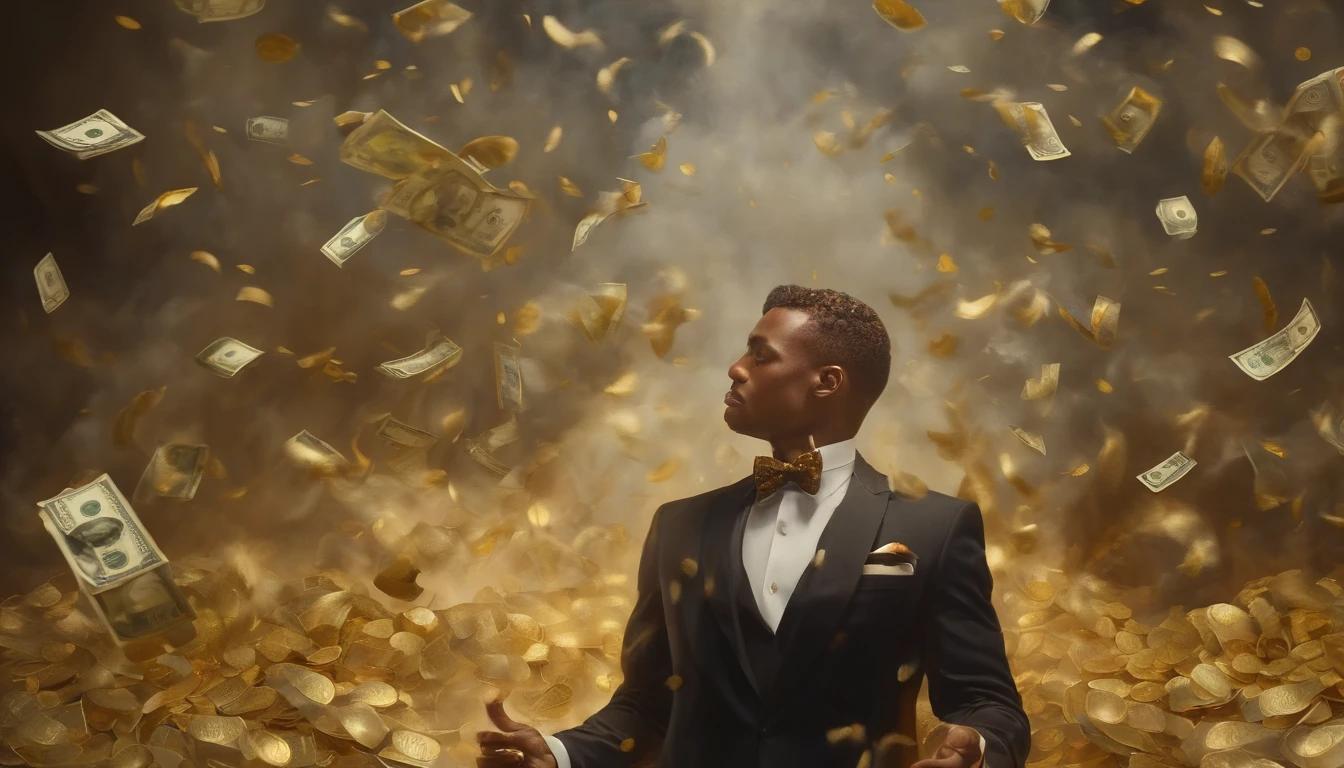 A detailed painting of a person in a suit, surrounded by a flurry of dollar bills and gold bar, gold coins, white smoke flying in front (((a lot of smokes)))