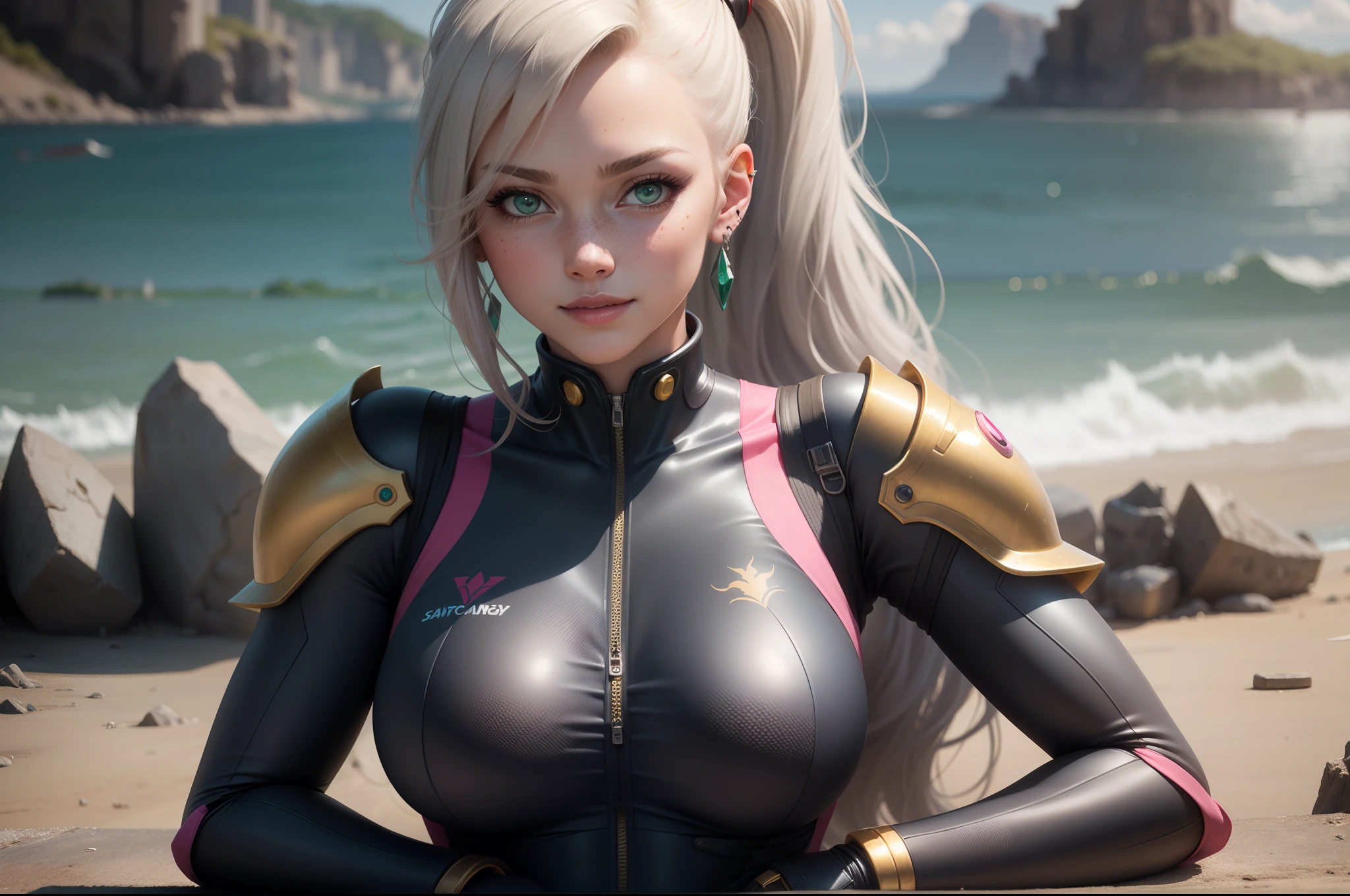 gwen tennyson,samus aran,mercy, 1girl,atelier ryza,overwatch,close up, mecha pilot,ocean view,tattoos,pink and silver plugsuit,white short sleeve lycra top,steel cargo pants,uncovered belly,super long saiyan ponytail hair,cute makeup,green eyes,dimensional golden hair,shy smile,freckles,beautiful girl,large breasts,8k,ultra detailed,realistic,fantasy art,saiyan armor,cyborg armor,steel armor,harbor shore,military uniform,ear piercings,hair pin,super saiyan girl,saiyan female,portrait close up,
