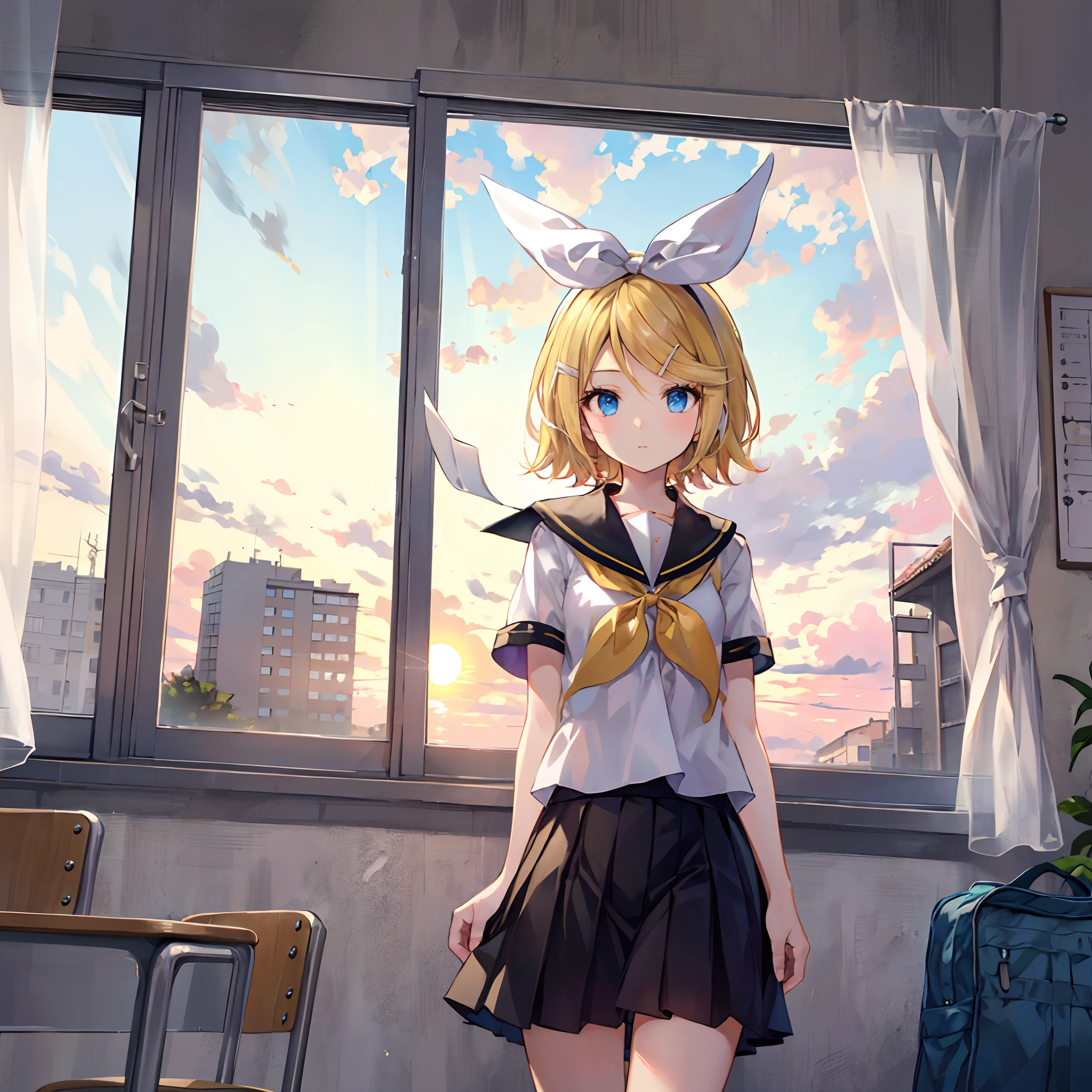 Kagamine Rin , por rubio , coletas 、ojos rojos、Hermosa chica sola、quimono、una minifalda、aula de escuela 、sentado en pupitre , luz de atardecer (entrando por la ventana , cortinas que se mueven un poco con el viento