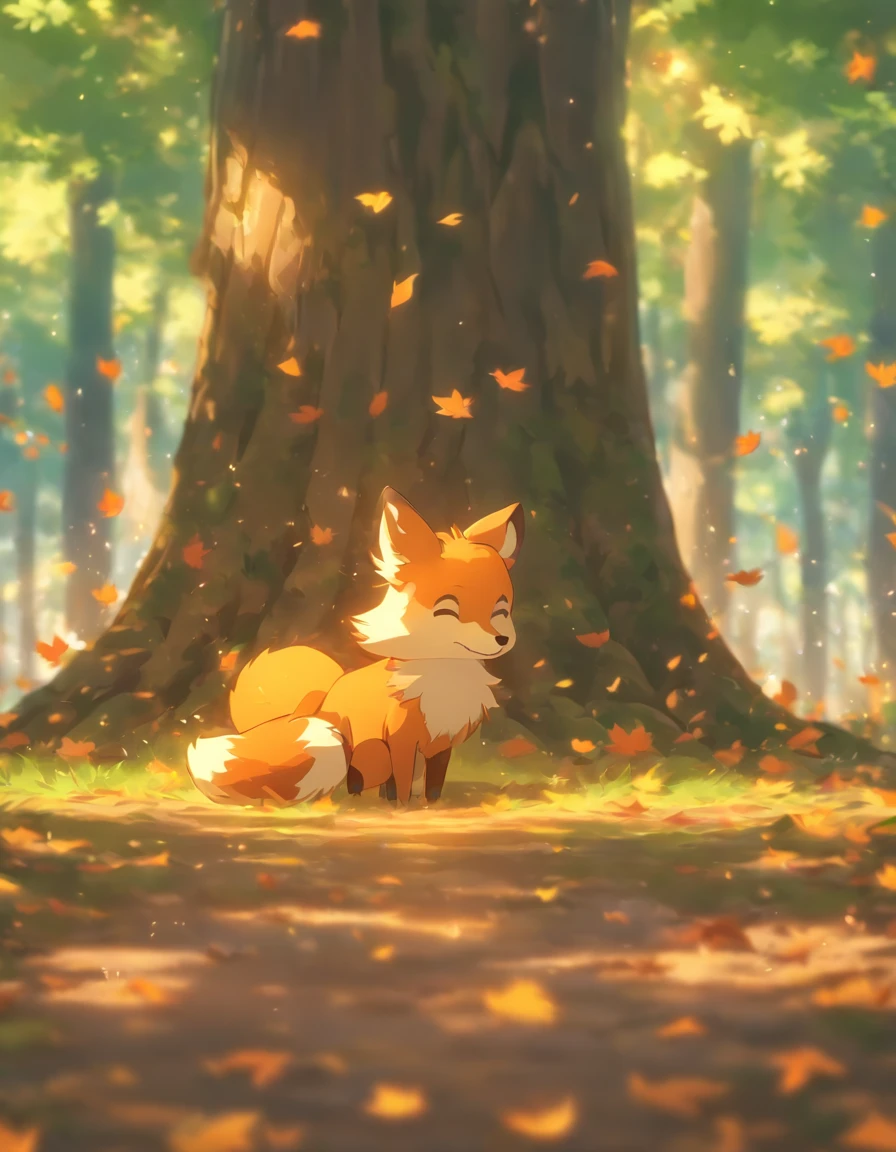 (best quality,4k,8k,Altas,master part:1.2),ultra-detalhado, Too much apple leaf falling,cena colorida do outono,Lonely fox,raposa bonito,floresta de outono,raposa vestindo capa feita de folhas de bordo,escondendo raposa,root of a tree,Dia chuvoso,atmosfera serena,maple trees,folhagem de outono,raposa lindamente colorida,folhas verde-escuras e alaranjadas,ambiente tranquilo,natural lighting,gotas de chuva suaves,leaves on the ground,soft mist,Sunlight flickering through the trees,Majestic tree trunks,silent solitude,magical ambiance