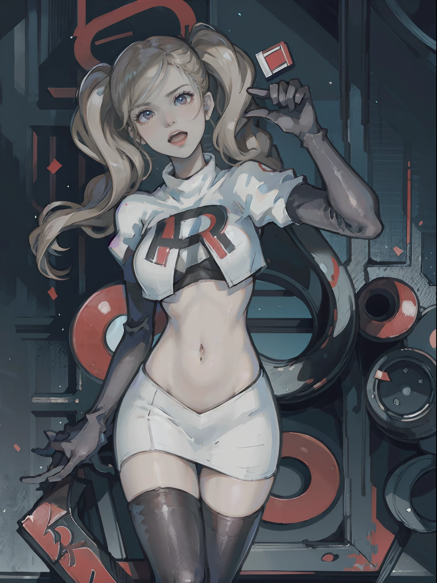Ann Takamaki - Persona 5, 1girl,team rocket,team rocket uniform,white skirt,crop top, red letter R, black thigh-highs,black elbow gloves,evil laugh