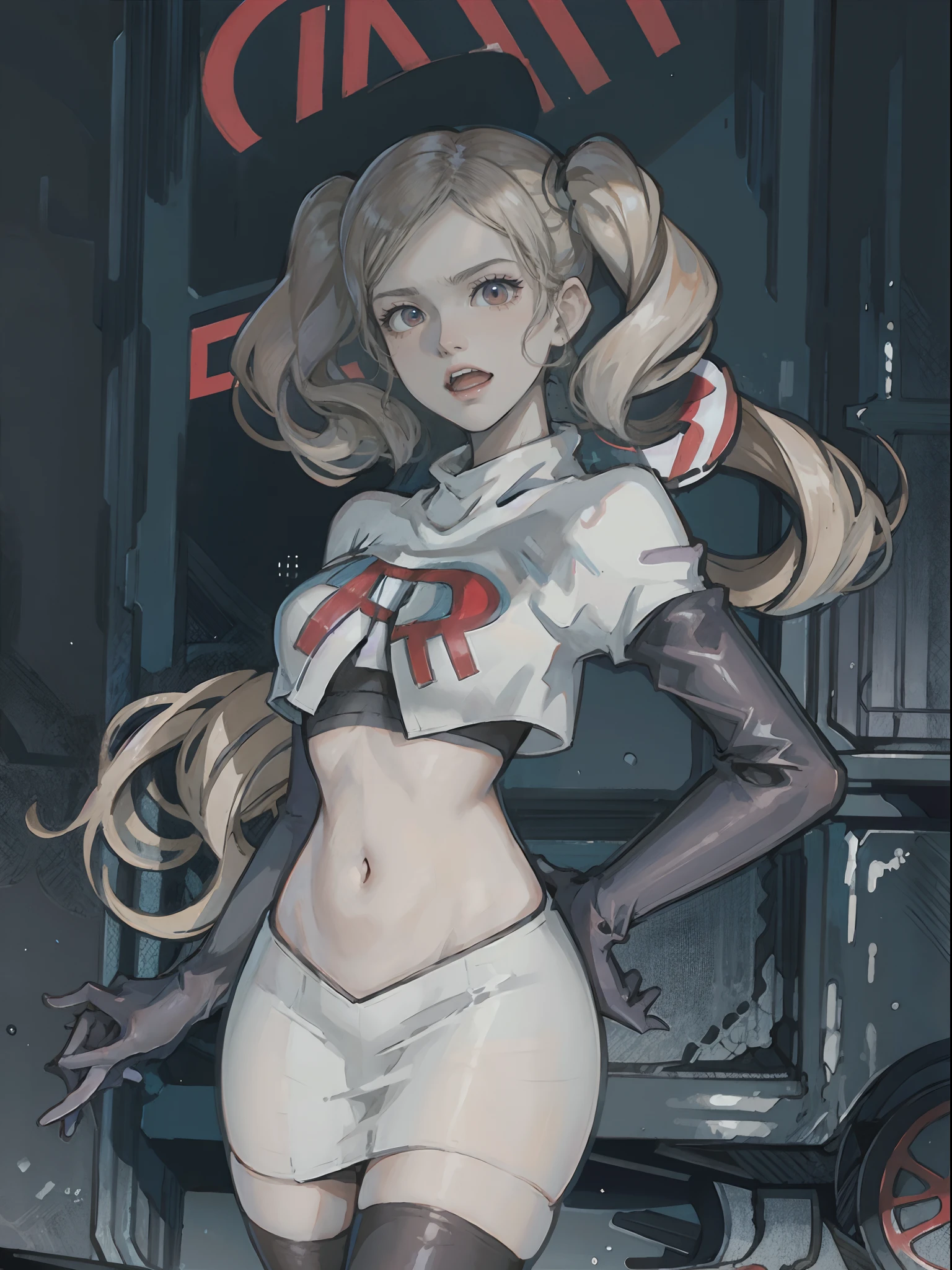 Ann Takamaki - Persona 5, 1girl,team rocket,team rocket uniform,white skirt,crop top, red letter R, black thigh-highs,black elbow gloves,evil laugh