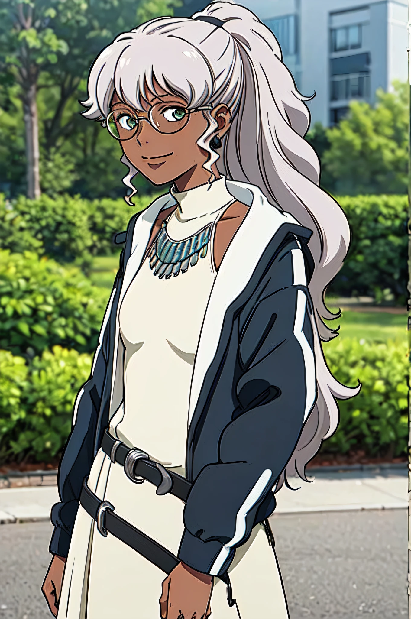 1GIRL GREY HAIR, PONYTAIL, DARK SKIN, GLASSES, EARRINGS, WHITE DRESS, NECKLACE, BELT, BLACK JACKET, 1girl, solo, upper body, facing viewer, looking at viewer, smile.