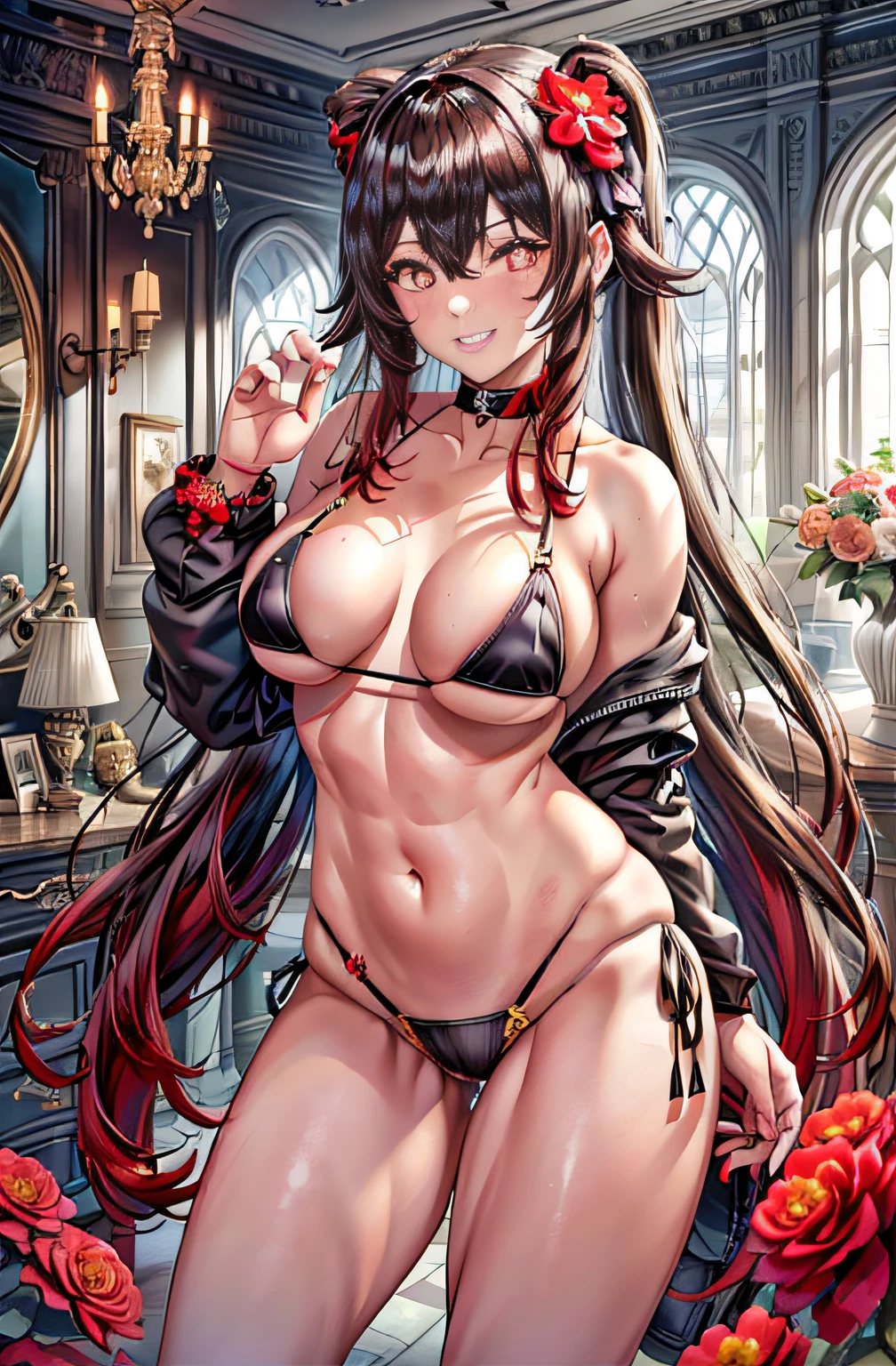 best quality, Ultra High Resolution, 1girl, (((wearing only a black micro bikini))), black choker, ((happy smile)), (long red brown hair:1), ((swollen eyes)), look at me, full body, red eyes, (((flower pupils))), beautiful, in the bedroom, standing, barefoot, muscular belly, ((thick and muscular thighs)), (((facing me showing her thighs thick and muscular))), full body photo