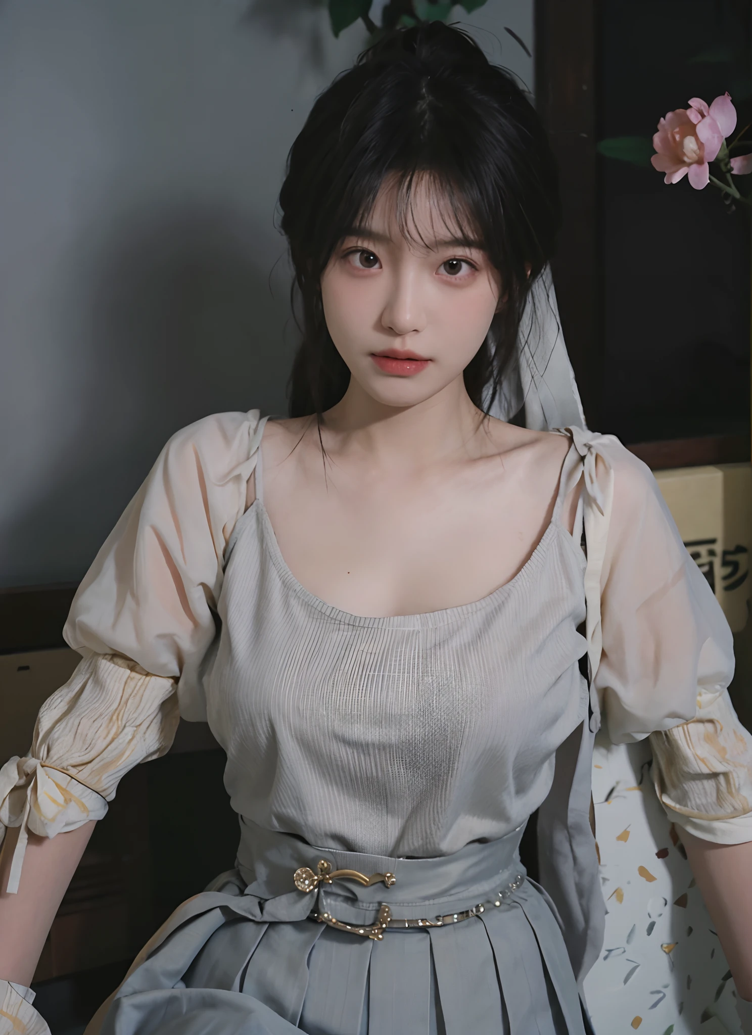 best qualtiy， 超高分辨率， （realisticlying：1.4）， one-girl， A pair of clear and moving peach blossom eyes,Royal Sister，Yellow tight skirt，  （Faded gray-gray hair：1.2）， （big cleavage breasts：1.2）， looking at viewert， closeup cleavage ，