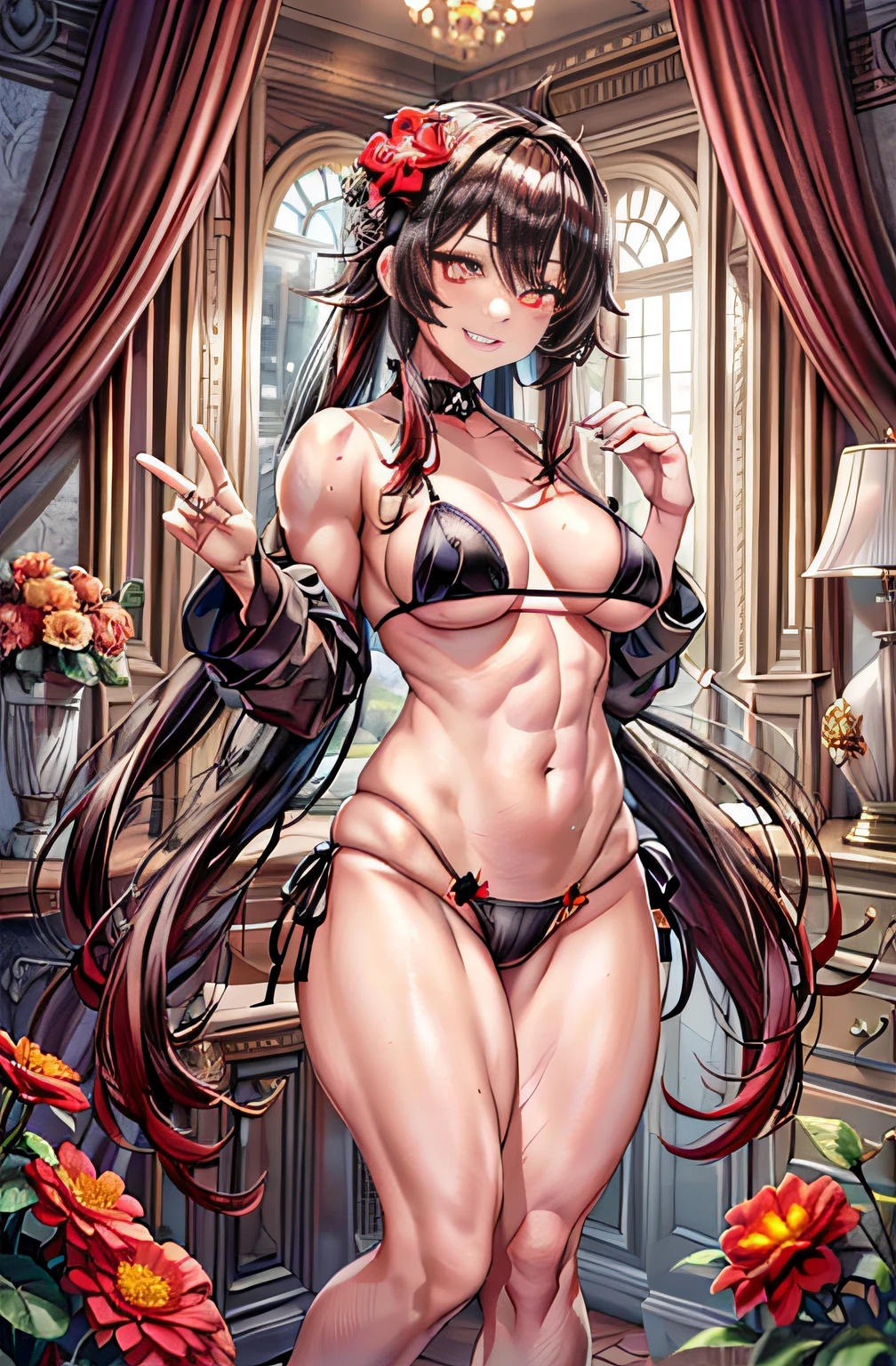 best quality, Ultra High Resolution, 1girl, (((wearing only a black micro bikini))), black choker, ((happy smile)), (long red brown hair:1), ((swollen eyes)), look at me, full body, red eyes, (((flower pupils))), beautiful, in the bedroom, standing, barefoot, muscular belly, ((thick and muscular thighs)), (((facing me showing her thighs thick and muscular))), full body photo