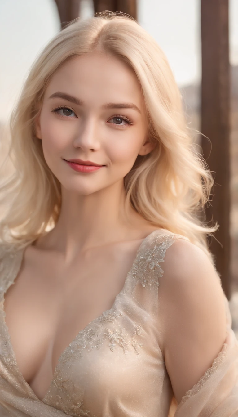 ((One lady))、fully body photo、(((Fully grown Russian girl, Dress less, Gorgeous light blonde hair, Cute humble smile))), (((evening lighting))), (((Sexy, seductive angles))), ((( A highly detailed, Perfect eyes, 逼真))) , sima, Palms, blue open sky, (( Vector art )) , 32k --no ((NSFW, Cute))